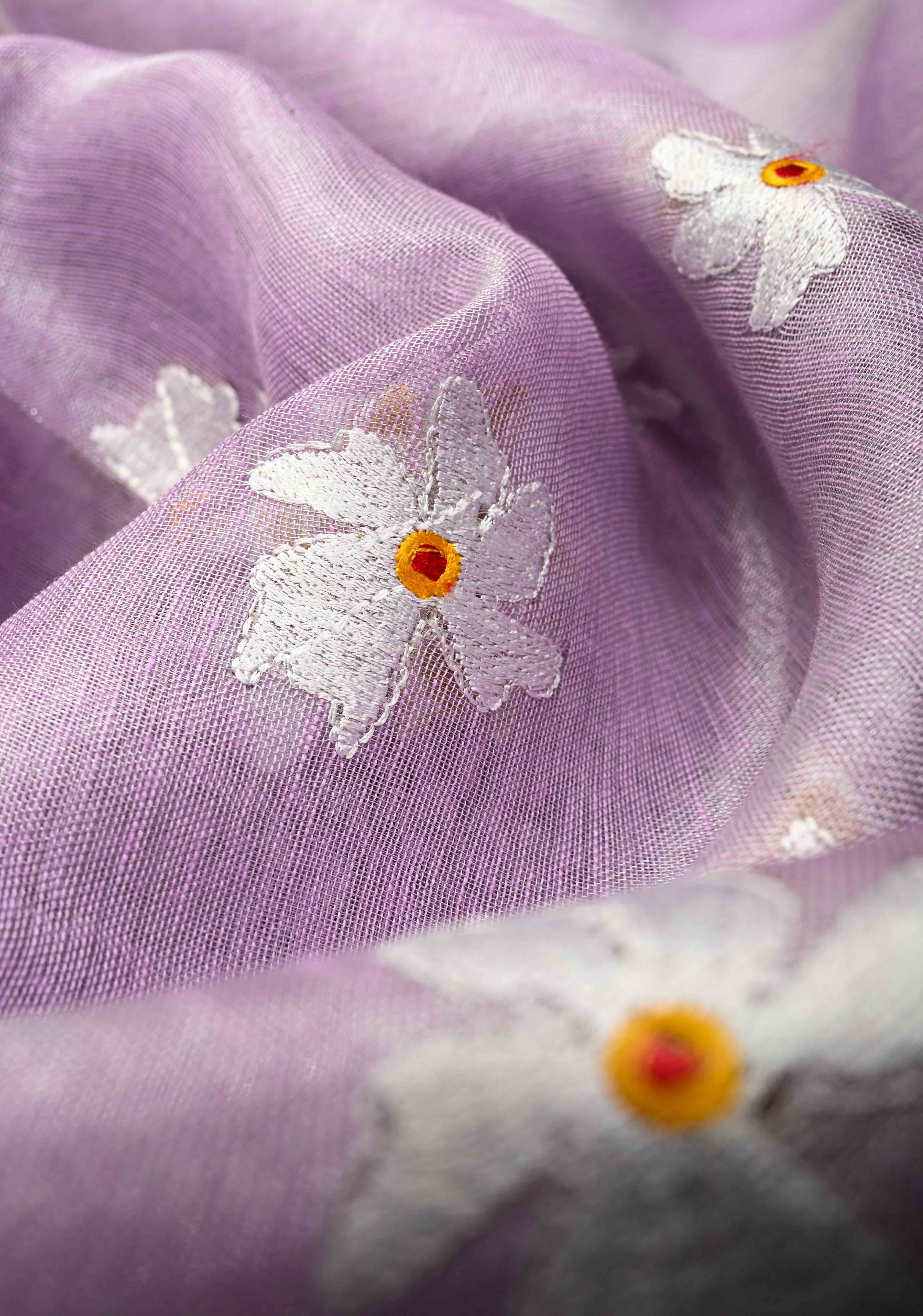 Lavender Parijaat Flower Embroidery Tissue Linen Saree | Shobitam