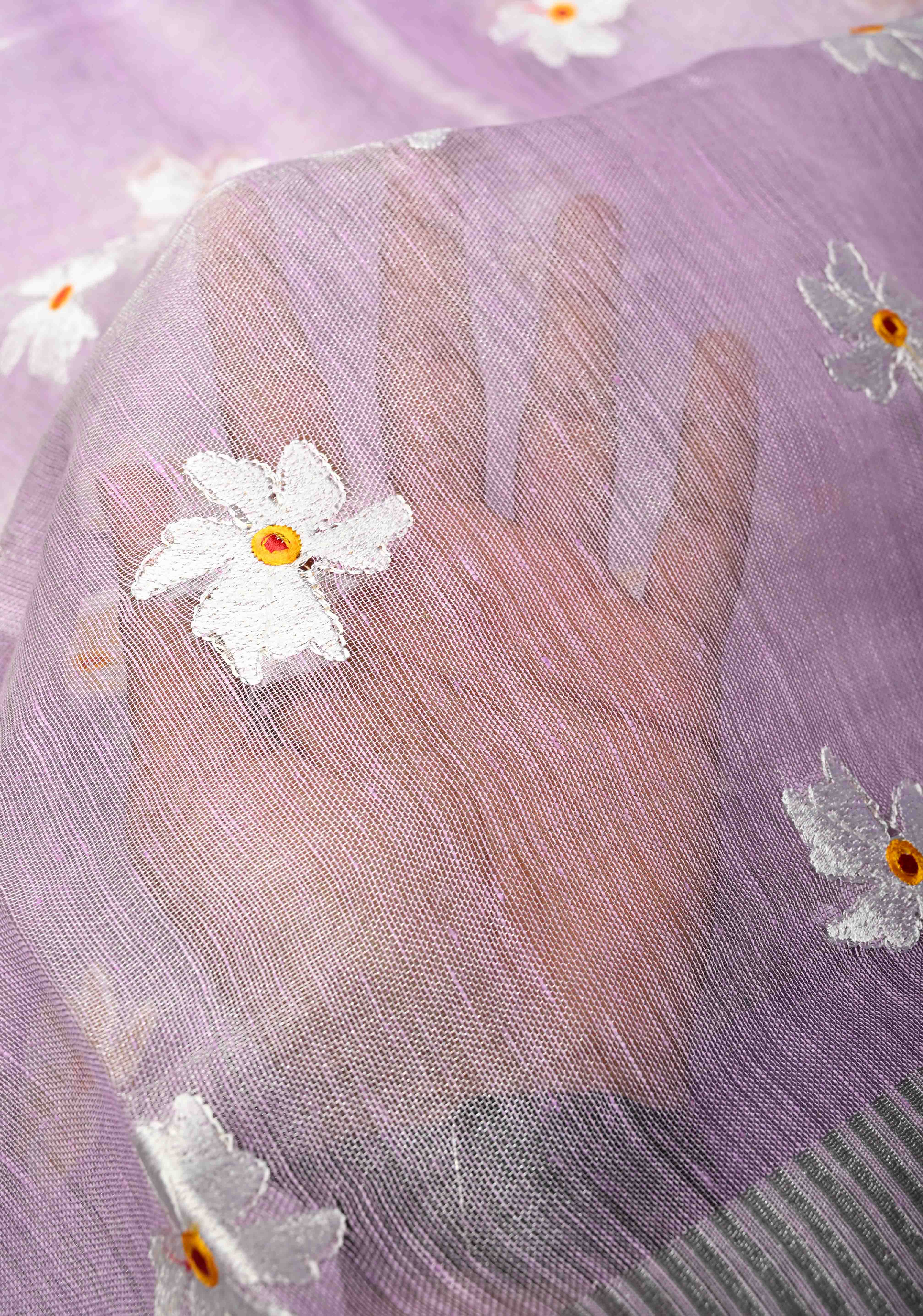Lavender Parijaat Flower Embroidery Tissue Linen Saree | Shobitam