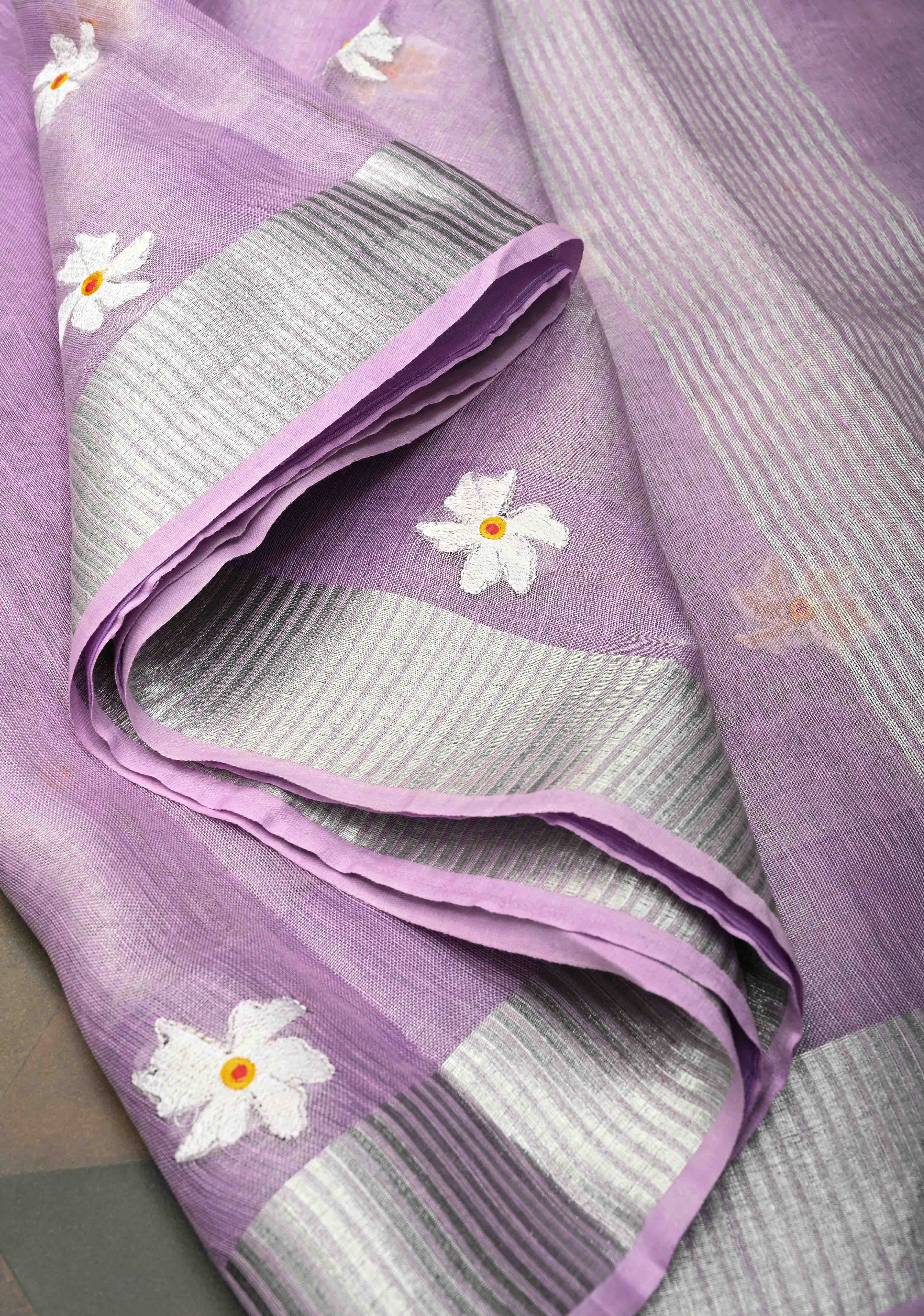 Lavender Parijaat Flower Embroidery Tissue Linen Saree | Shobitam