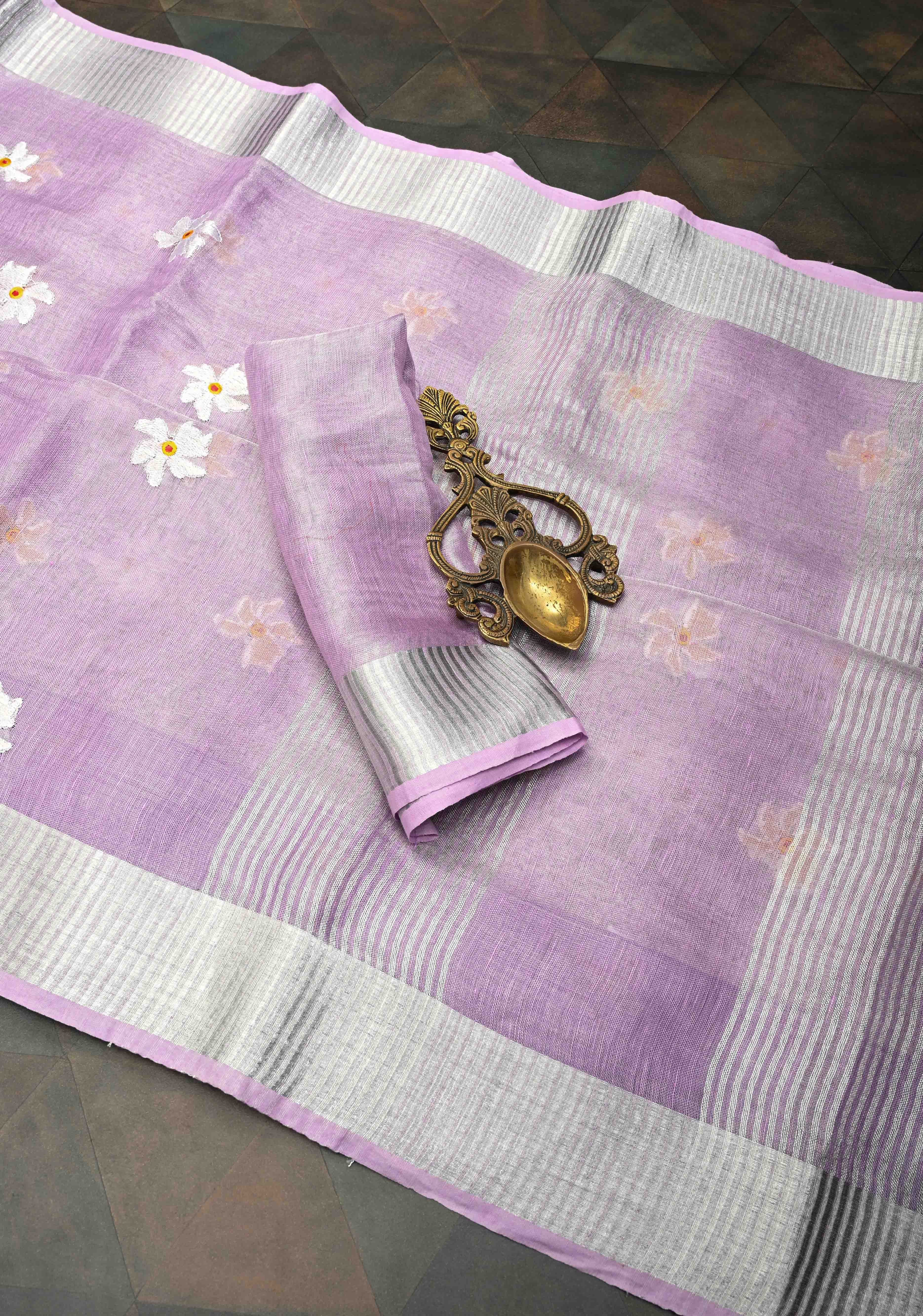 Lavender Parijaat Flower Embroidery Tissue Linen Saree | Shobitam
