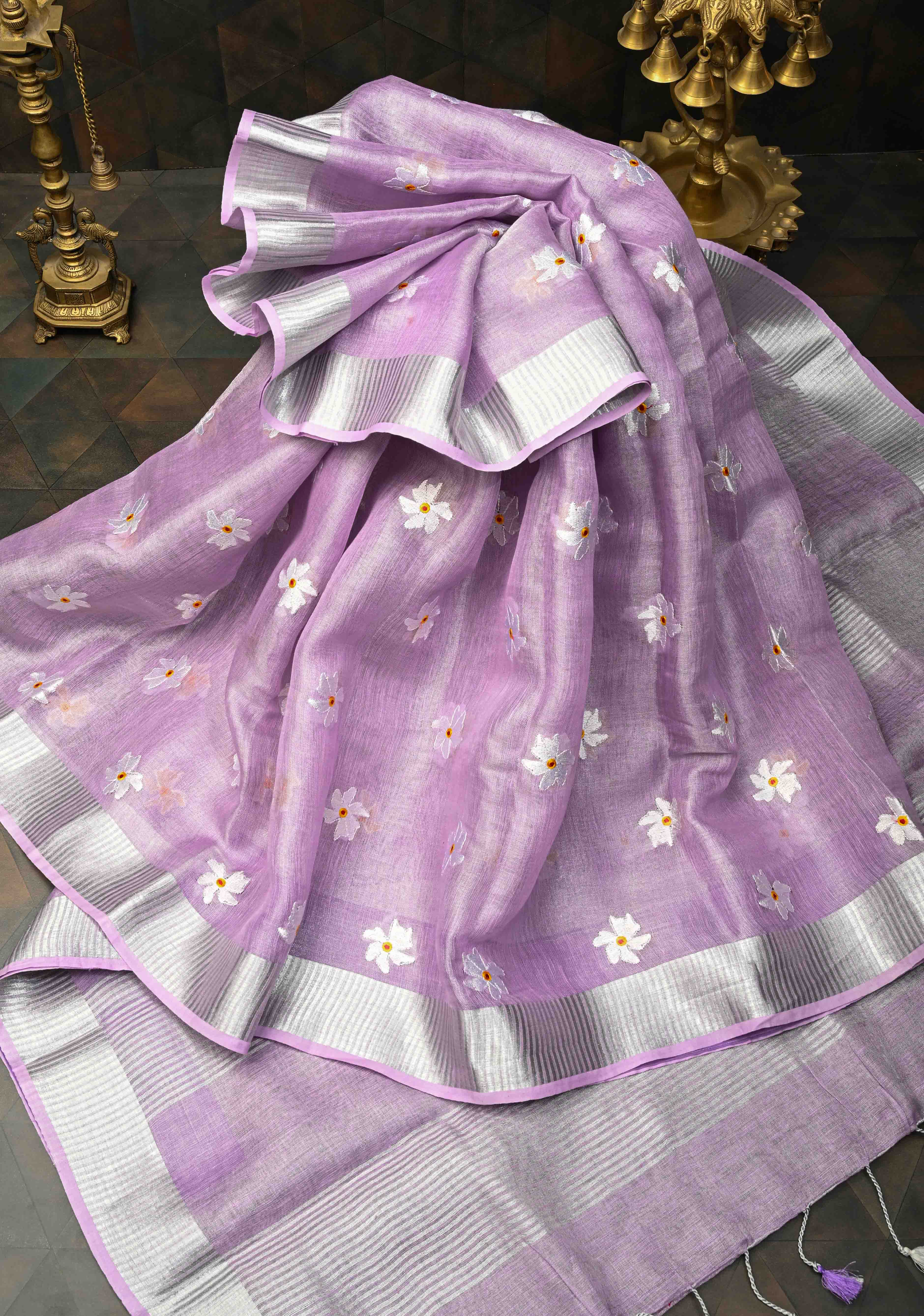 Lavender Parijaat Flower Embroidery Tissue Linen Saree | Shobitam