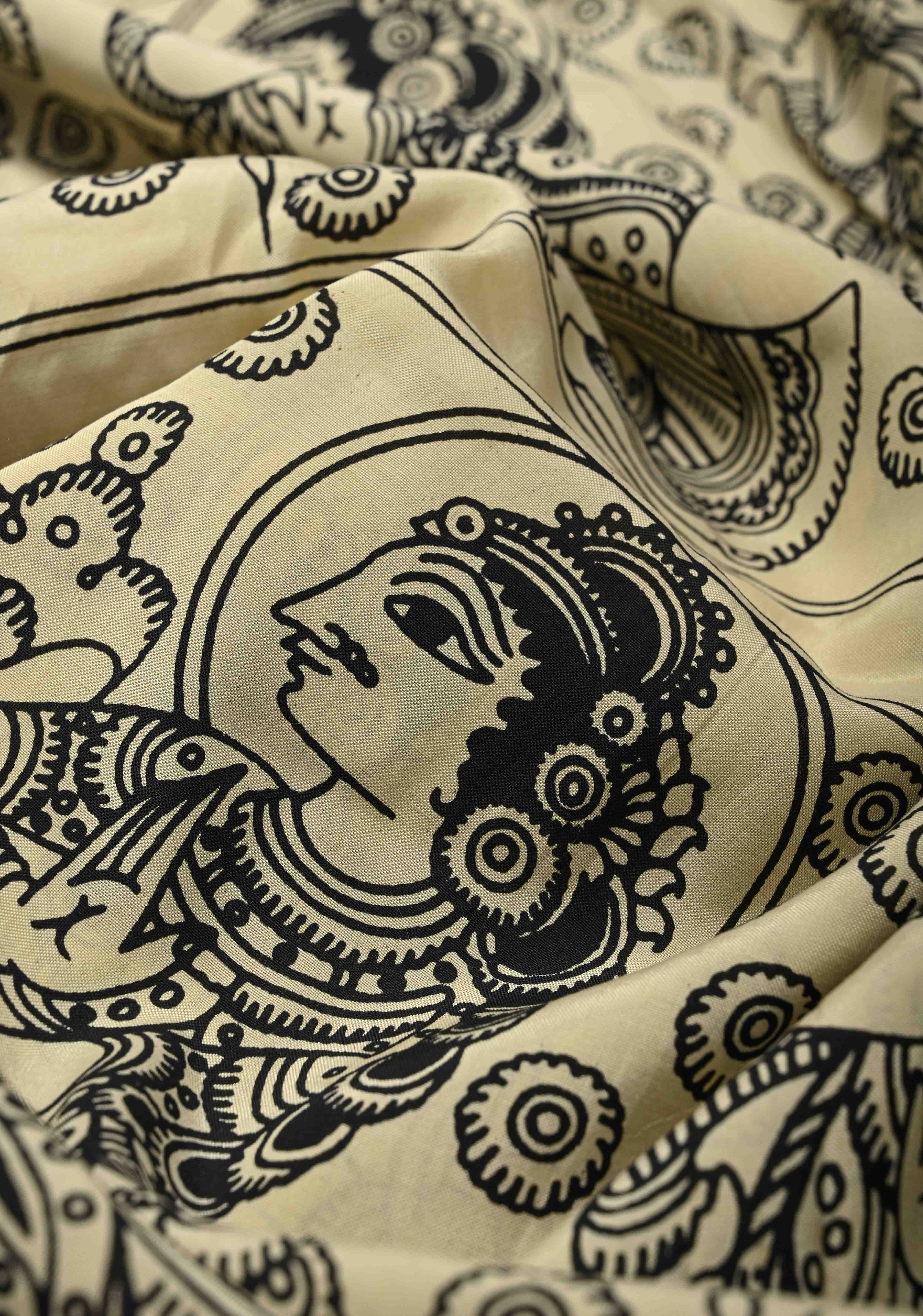 Krishna Pichwai & Dancing Queens Theme: Beige Art Silk Saree With Kalamkari Digital Print | Shobitam