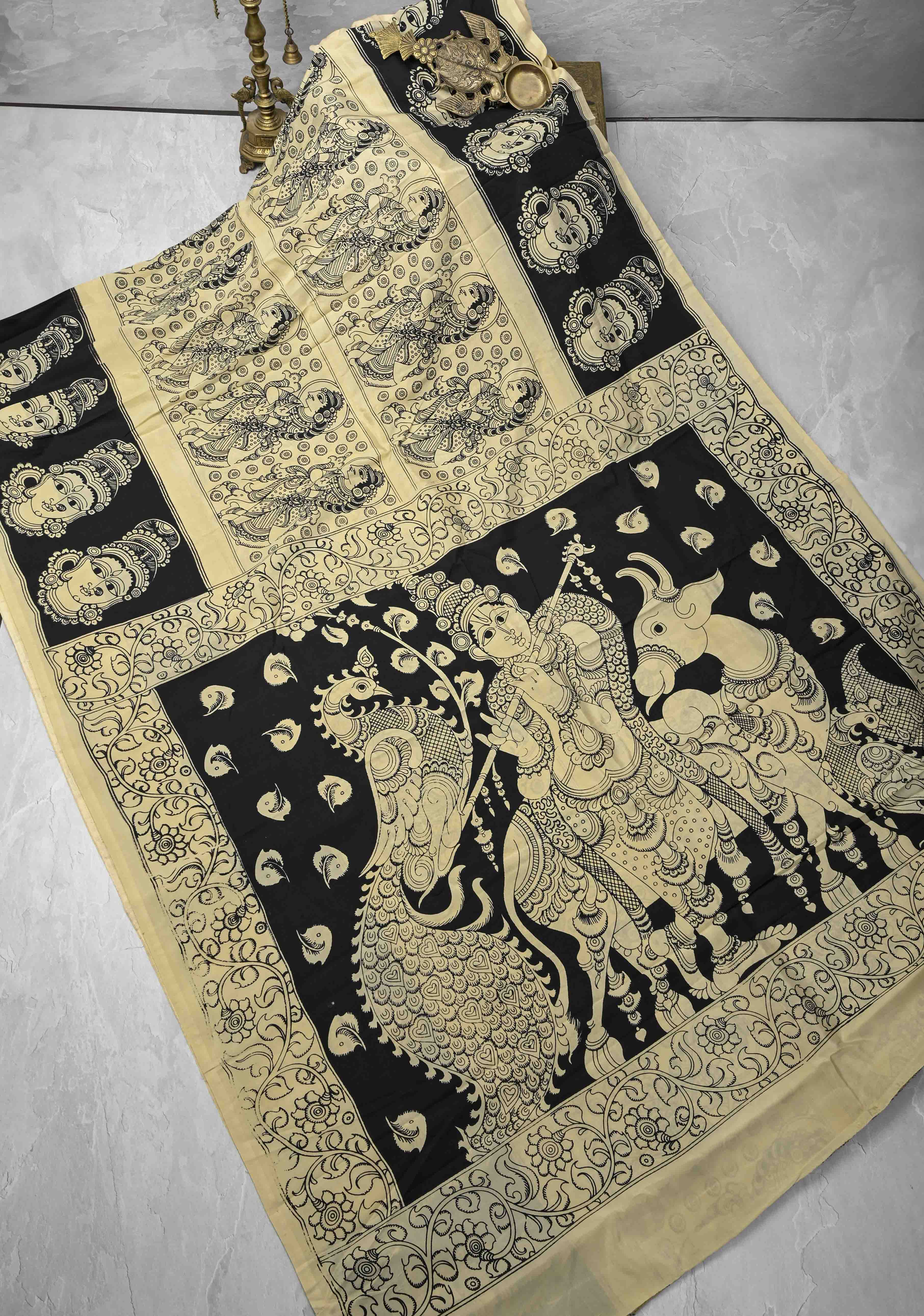 Krishna Pichwai & Dancing Queens Theme: Beige Art Silk Saree With Kalamkari Digital Print | Shobitam