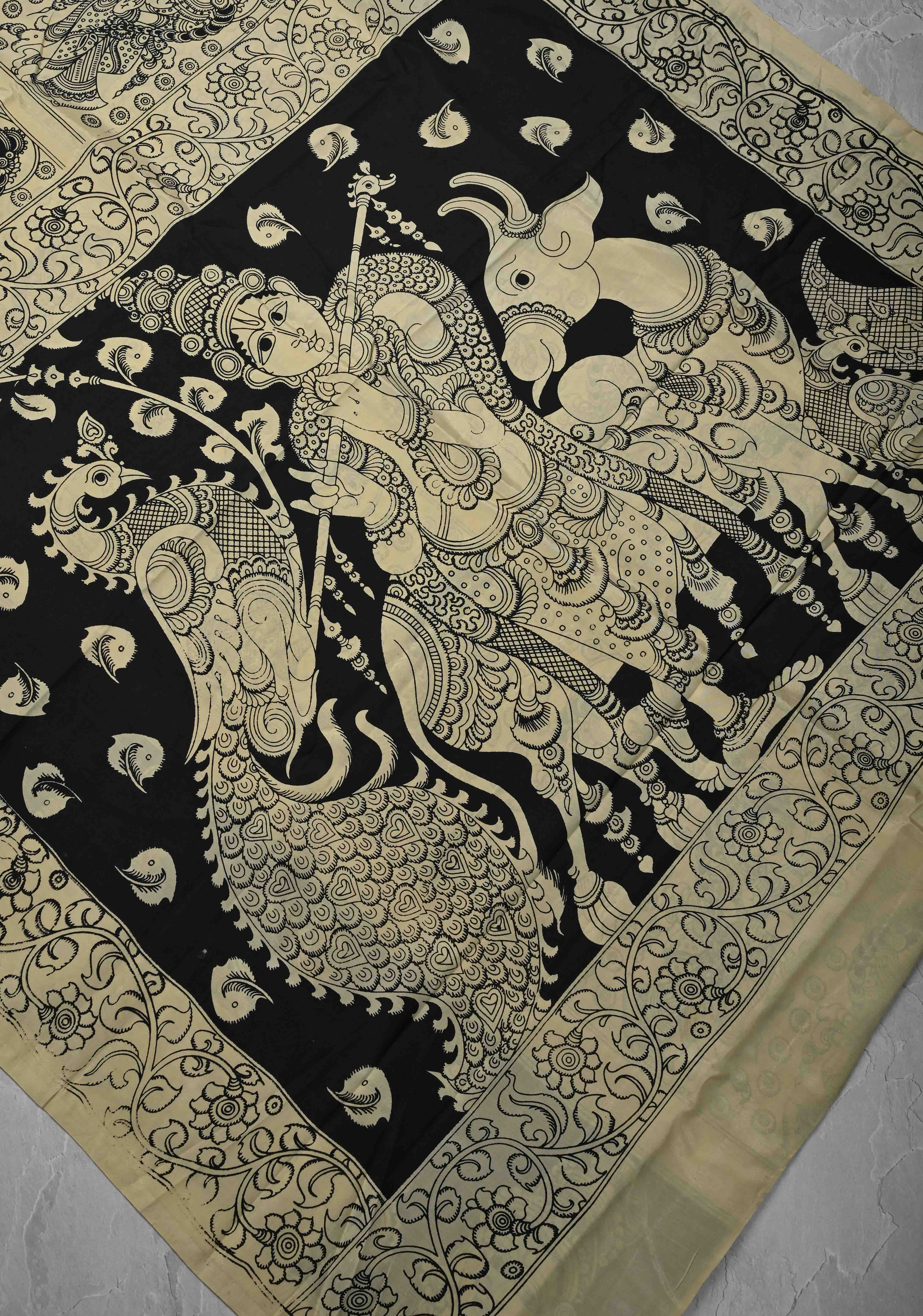 Krishna Pichwai & Dancing Queens Theme: Beige Art Silk Saree With Kalamkari Digital Print | Shobitam