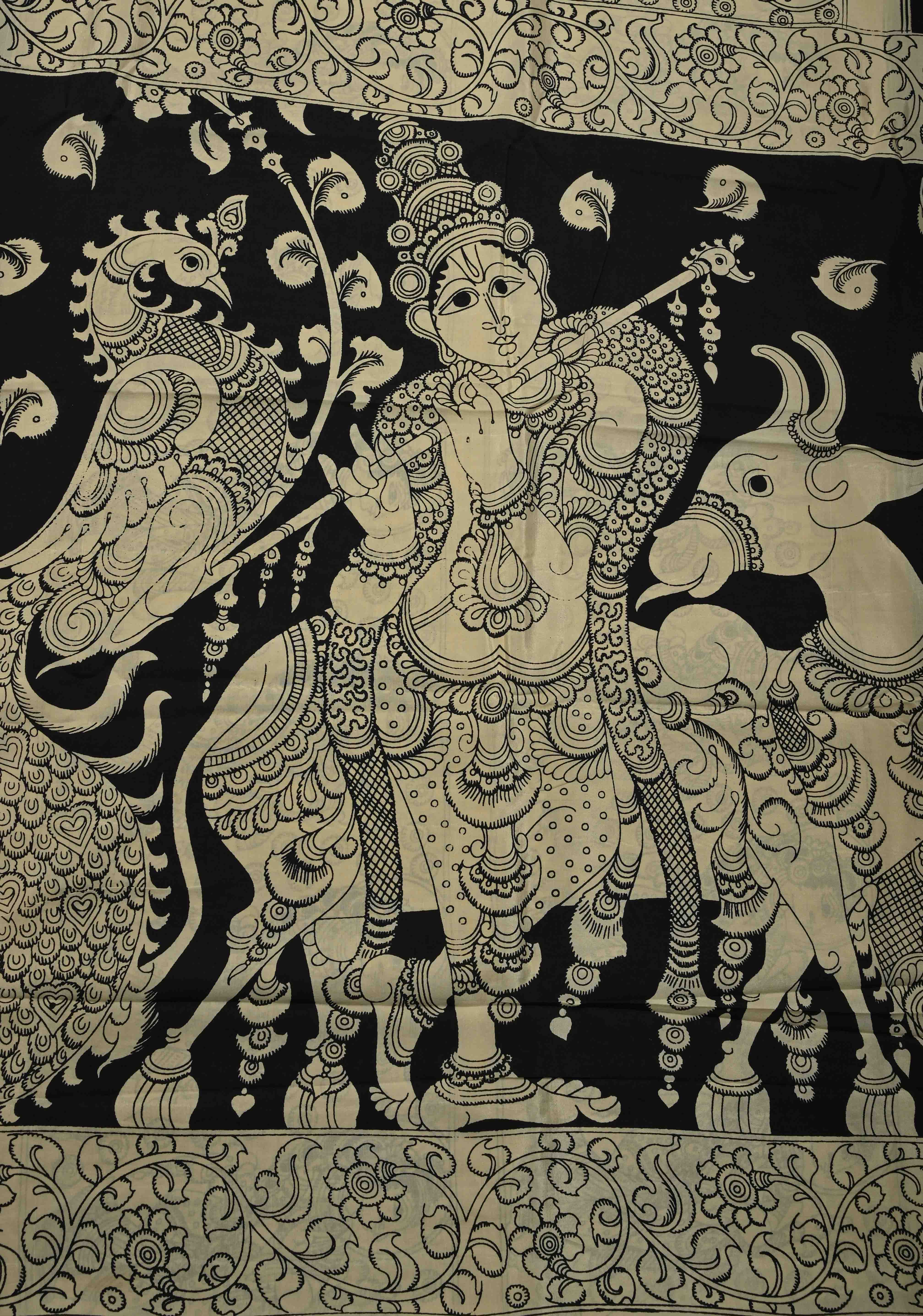 Krishna Pichwai & Dancing Queens Theme: Beige Art Silk Saree With Kalamkari Digital Print | Shobitam