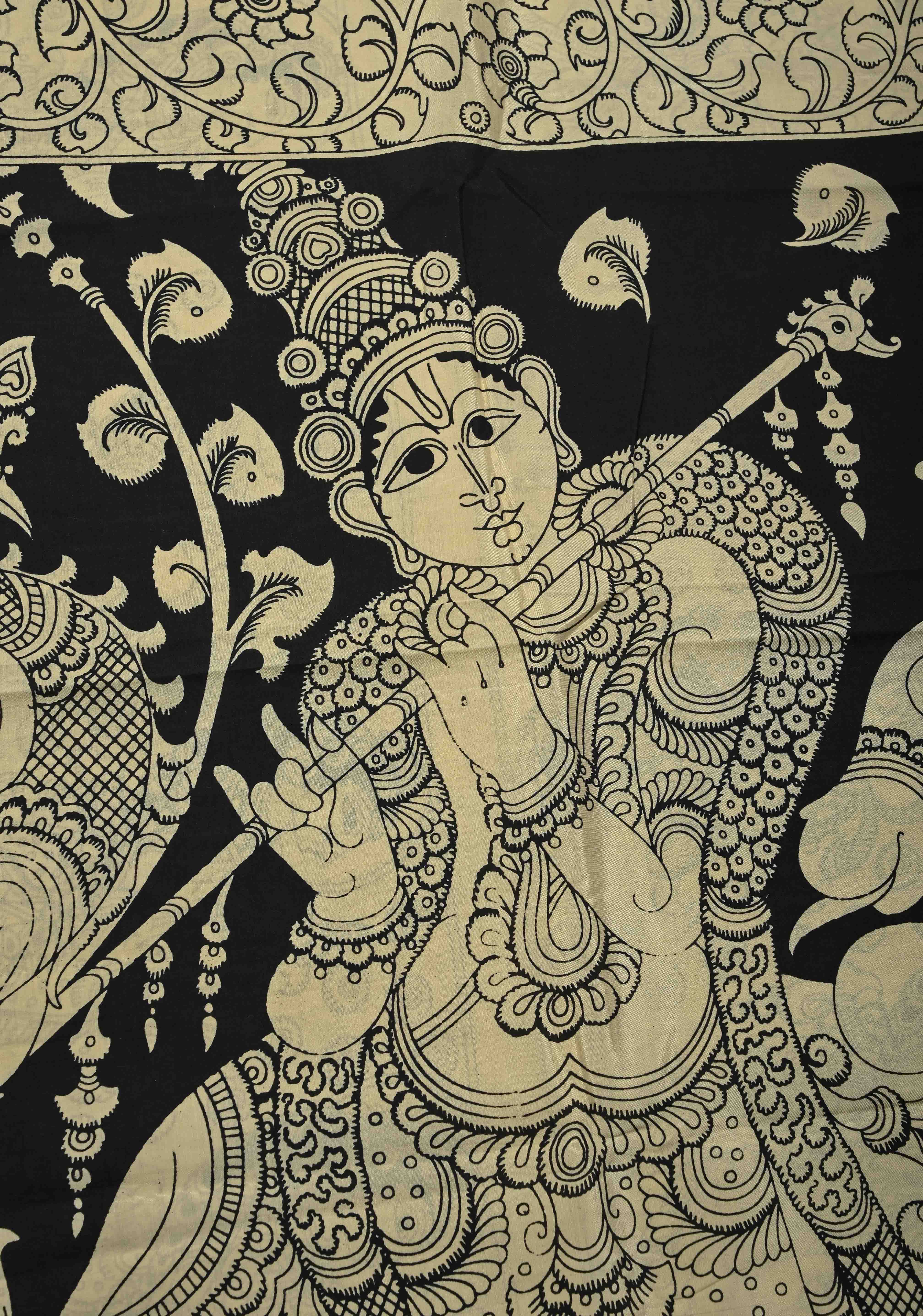 Krishna Pichwai & Dancing Queens Theme: Beige Art Silk Saree With Kalamkari Digital Print | Shobitam
