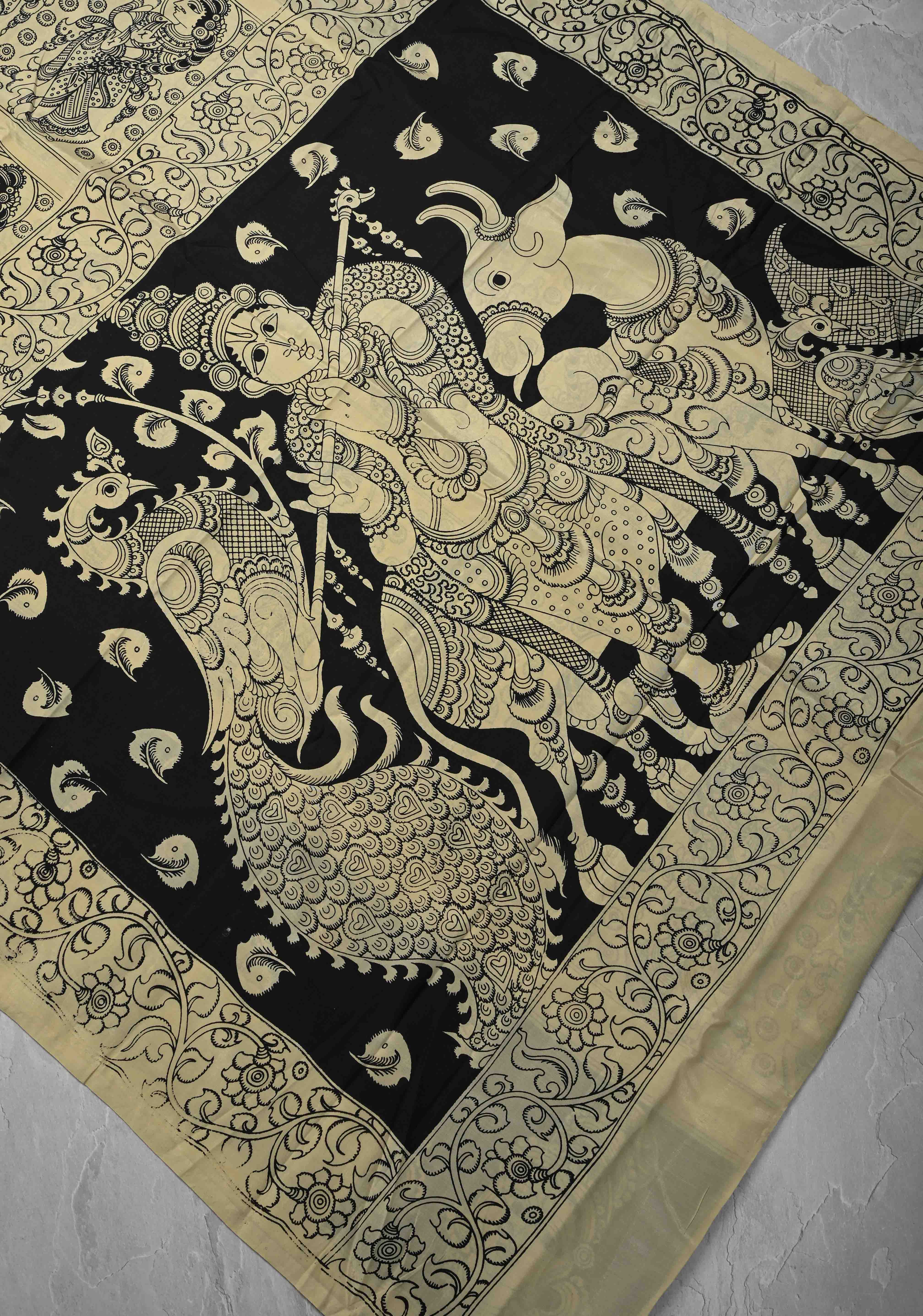 Krishna Pichwai & Dancing Queens Theme: Beige Art Silk Saree With Kalamkari Digital Print | Shobitam
