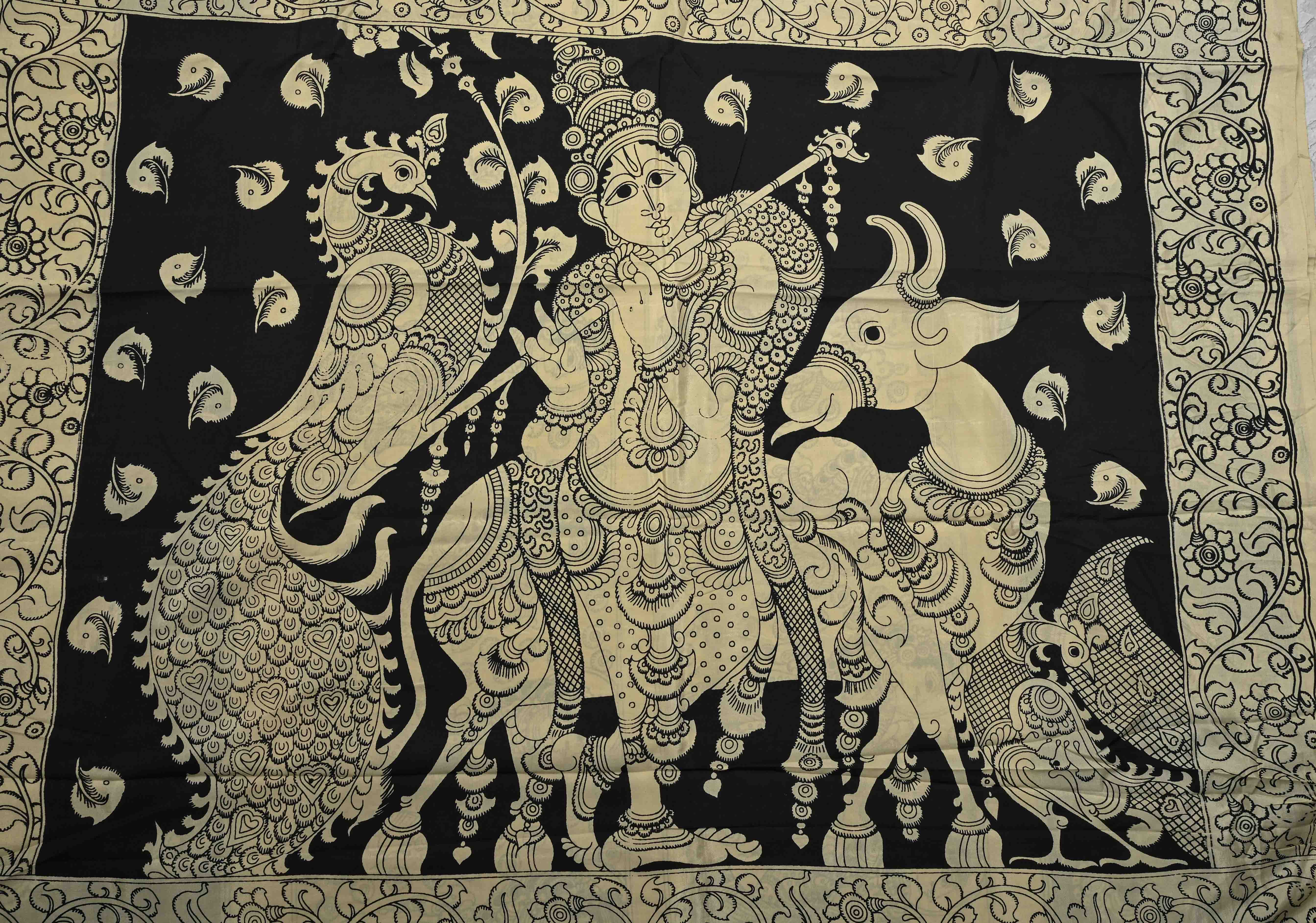 Krishna Pichwai & Dancing Queens Theme: Beige Art Silk Saree With Kalamkari Digital Print | Shobitam
