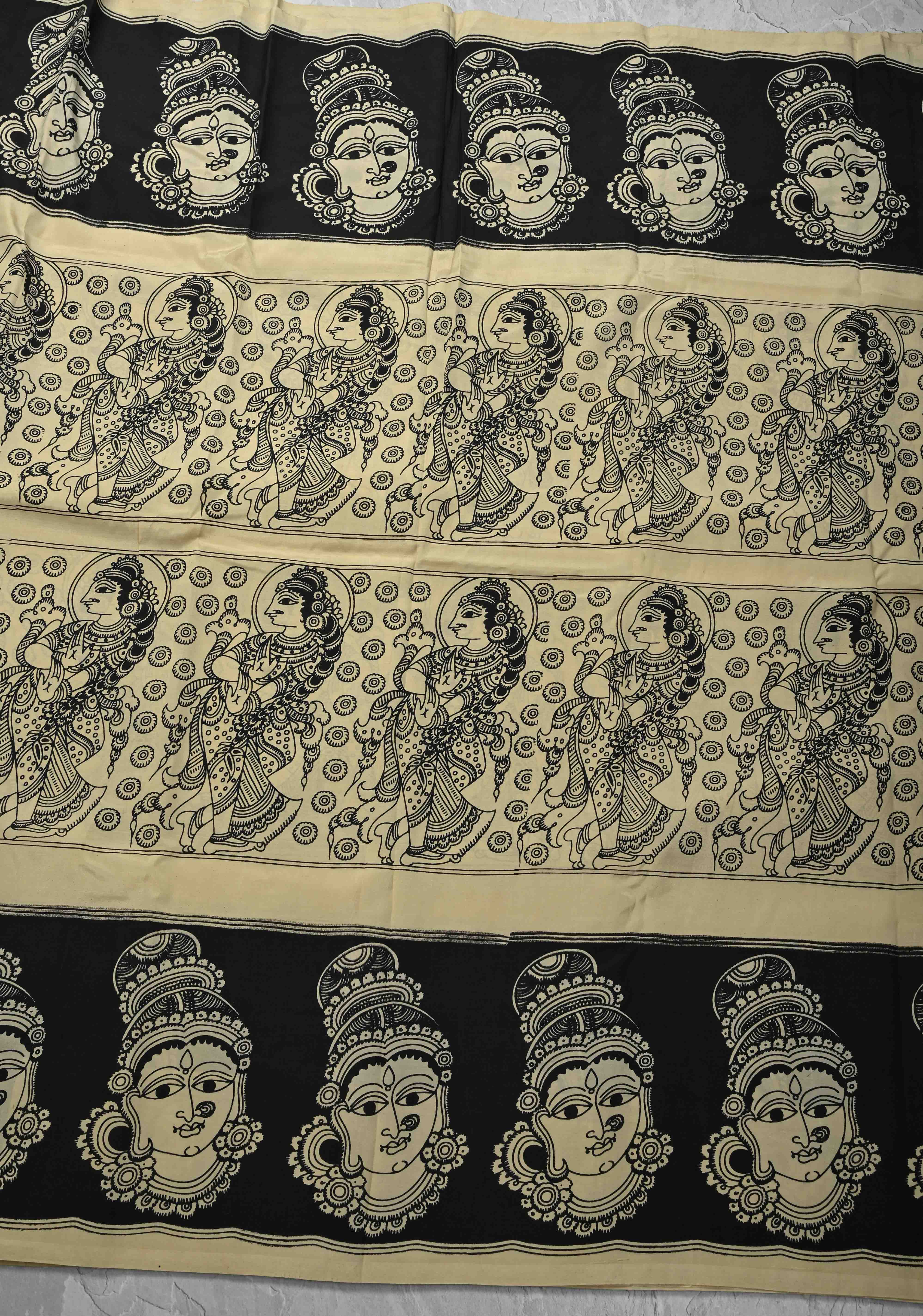 Krishna Pichwai & Dancing Queens Theme: Beige Art Silk Saree With Kalamkari Digital Print | Shobitam