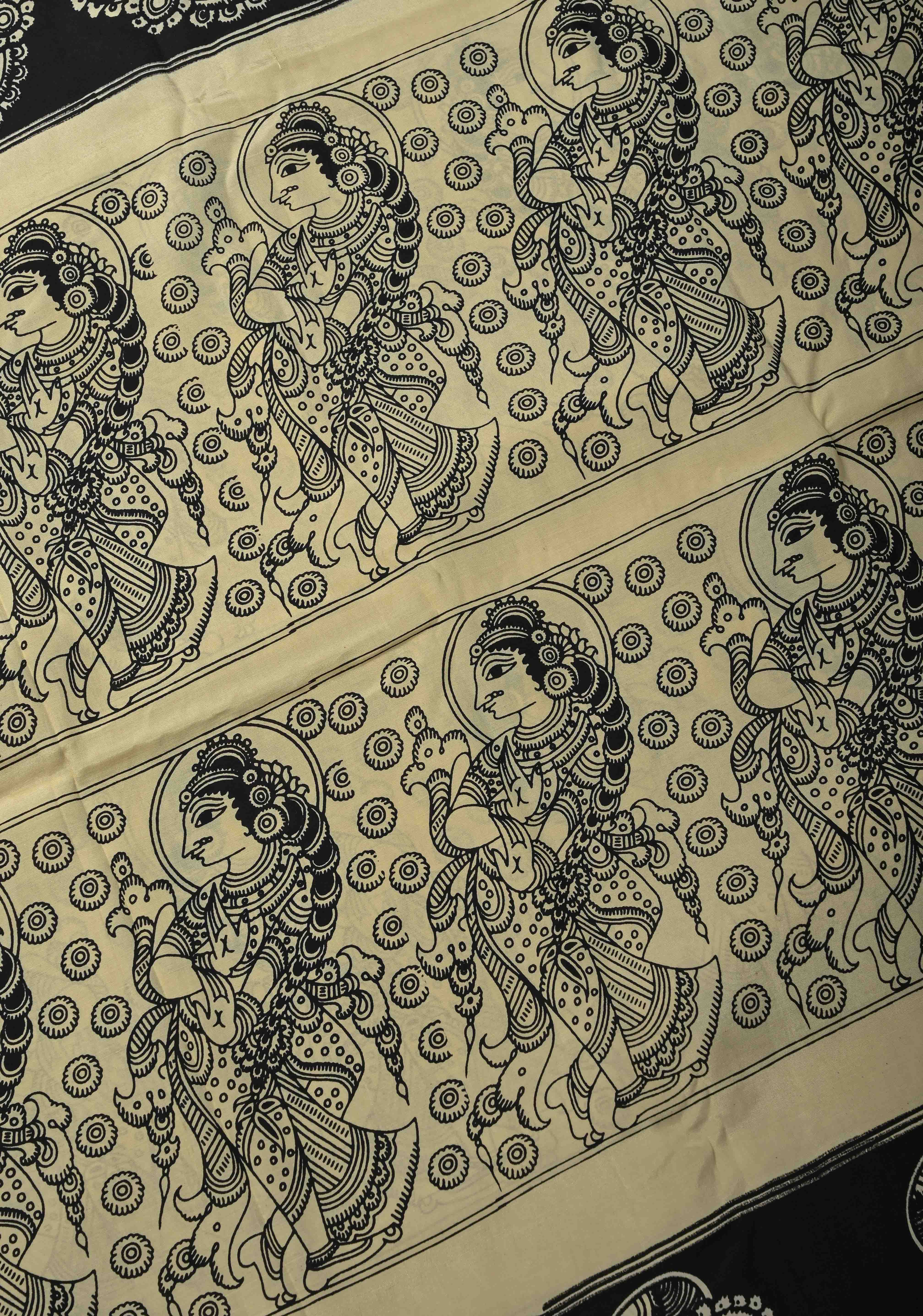 Krishna Pichwai & Dancing Queens Theme: Beige Art Silk Saree With Kalamkari Digital Print | Shobitam