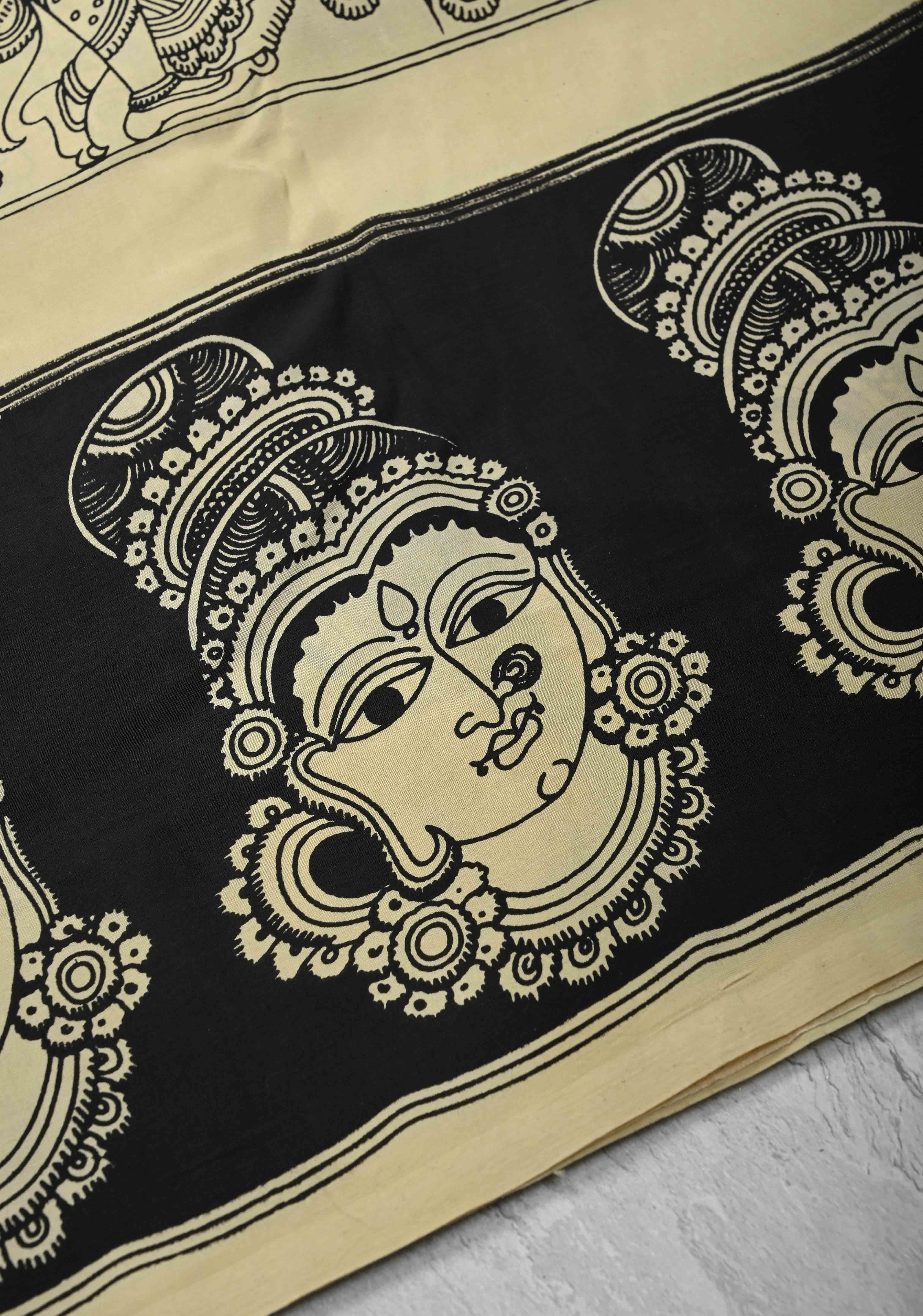 Krishna Pichwai & Dancing Queens Theme: Beige Art Silk Saree With Kalamkari Digital Print | Shobitam