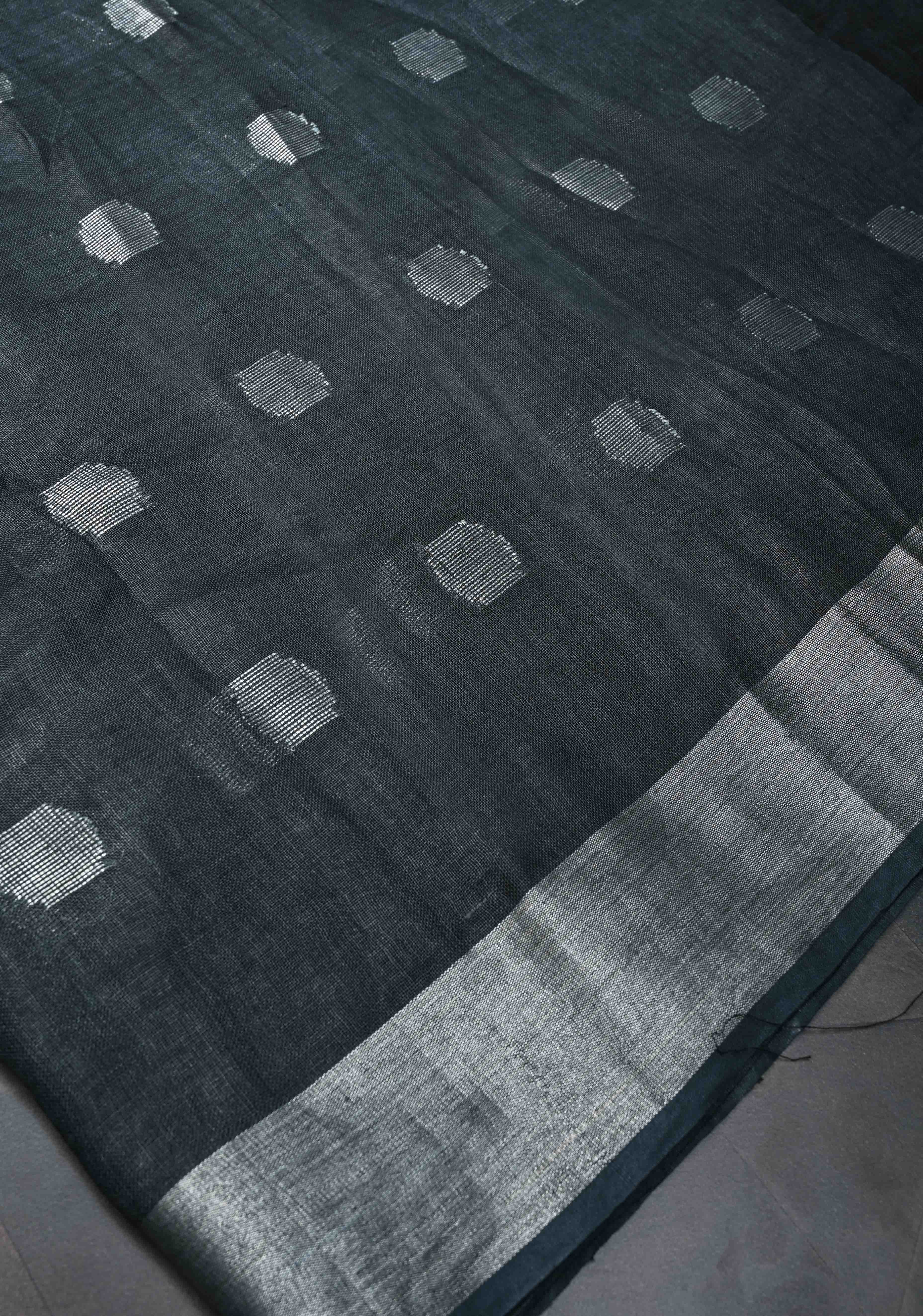 Charcoal Black Linen by Linen Saree with Zari Buttas and Zari Border, No Blouse Piece | Shobitam