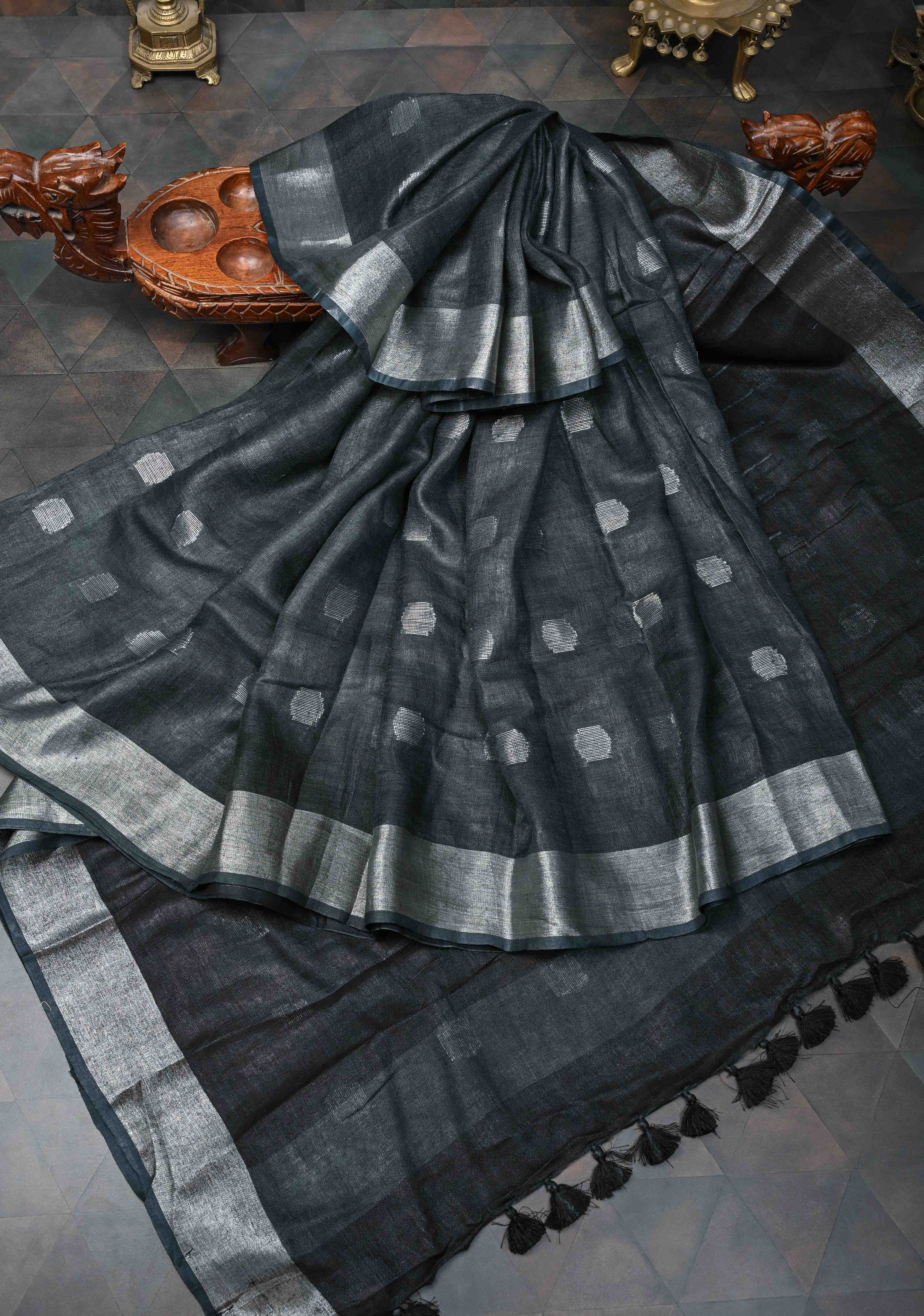 Charcoal Black Linen by Linen Saree with Zari Buttas and Zari Border, No Blouse Piece | Shobitam