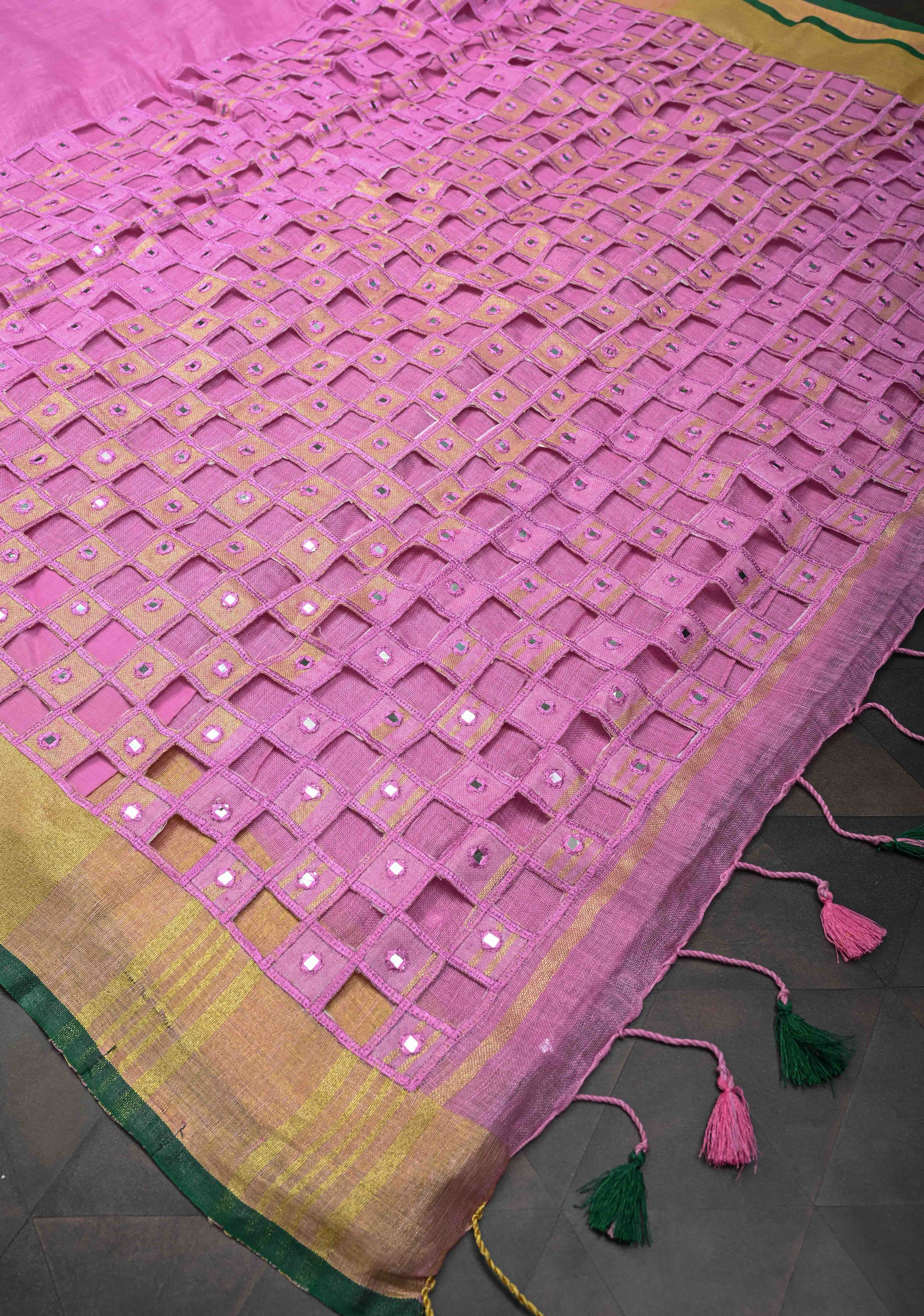 Jaali Pallu - Linen by Linen Cutwork and Mirrorwork Saree in Pink and Zari Border