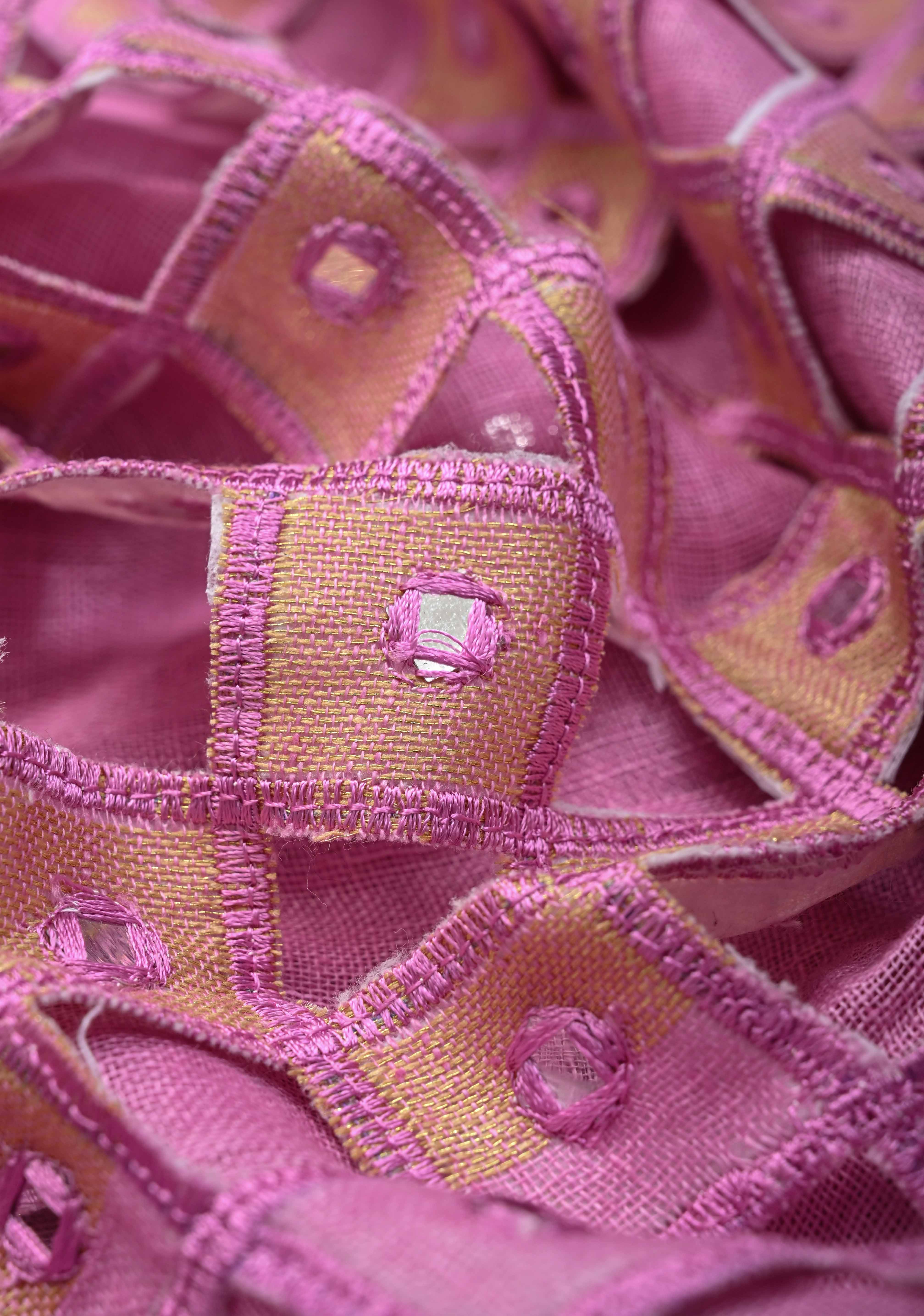 Jaali Pallu - Linen by Linen Cutwork and Mirrorwork Saree in Pink and Zari Border