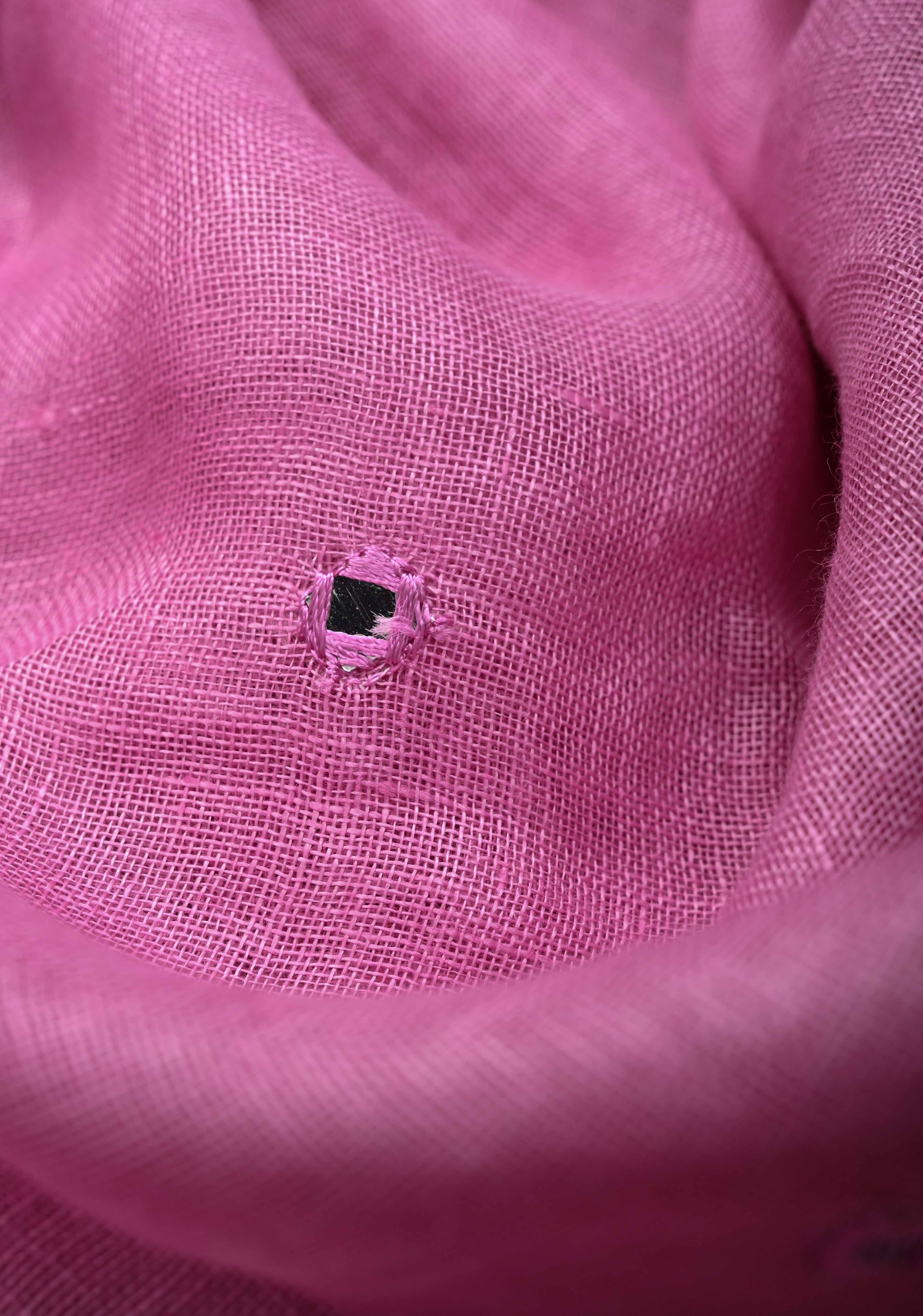 Jaali Pallu - Linen by Linen Cutwork and Mirrorwork Saree in Pink and Zari Border