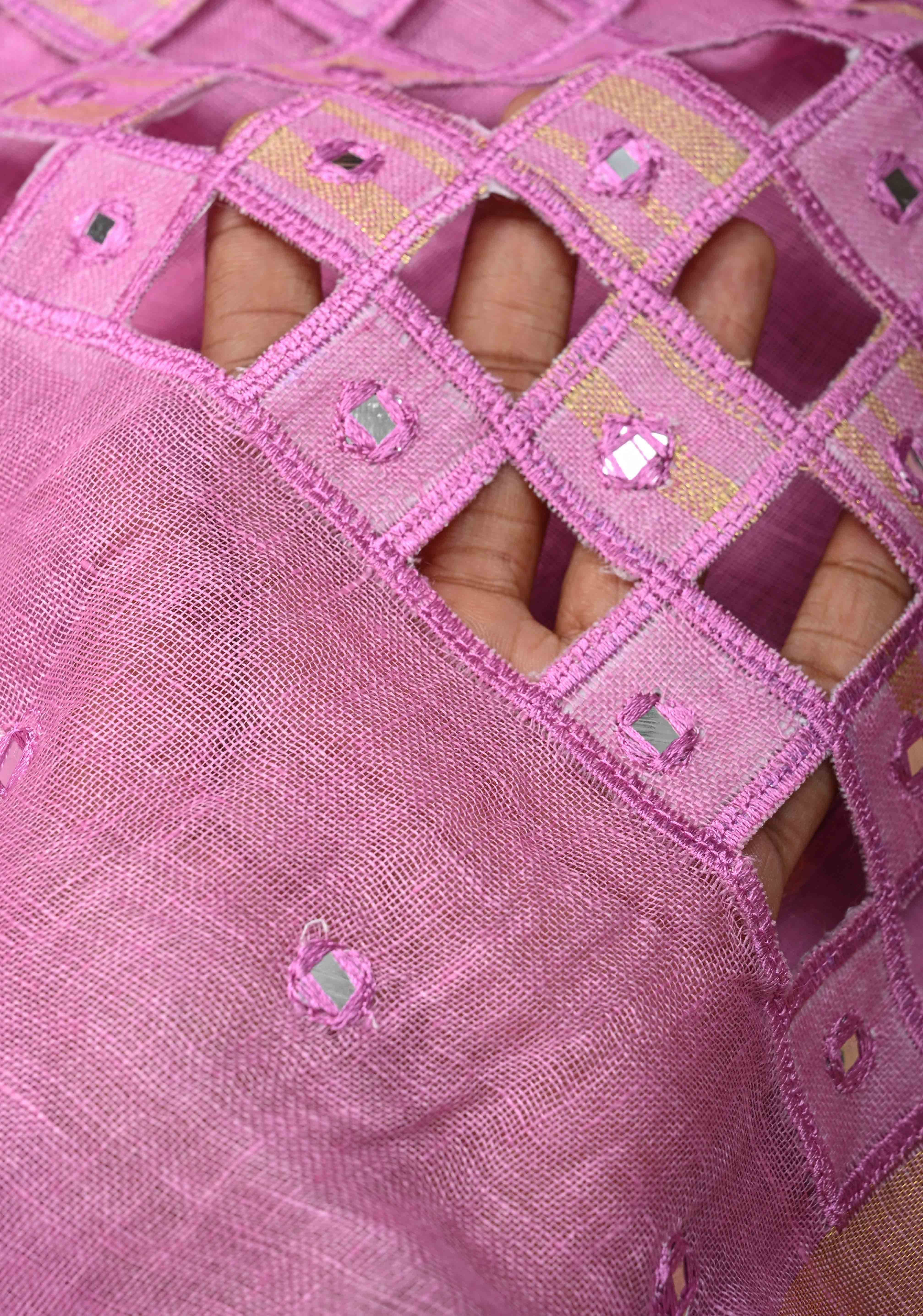 Jaali Pallu - Linen by Linen Cutwork and Mirrorwork Saree in Pink and Zari Border