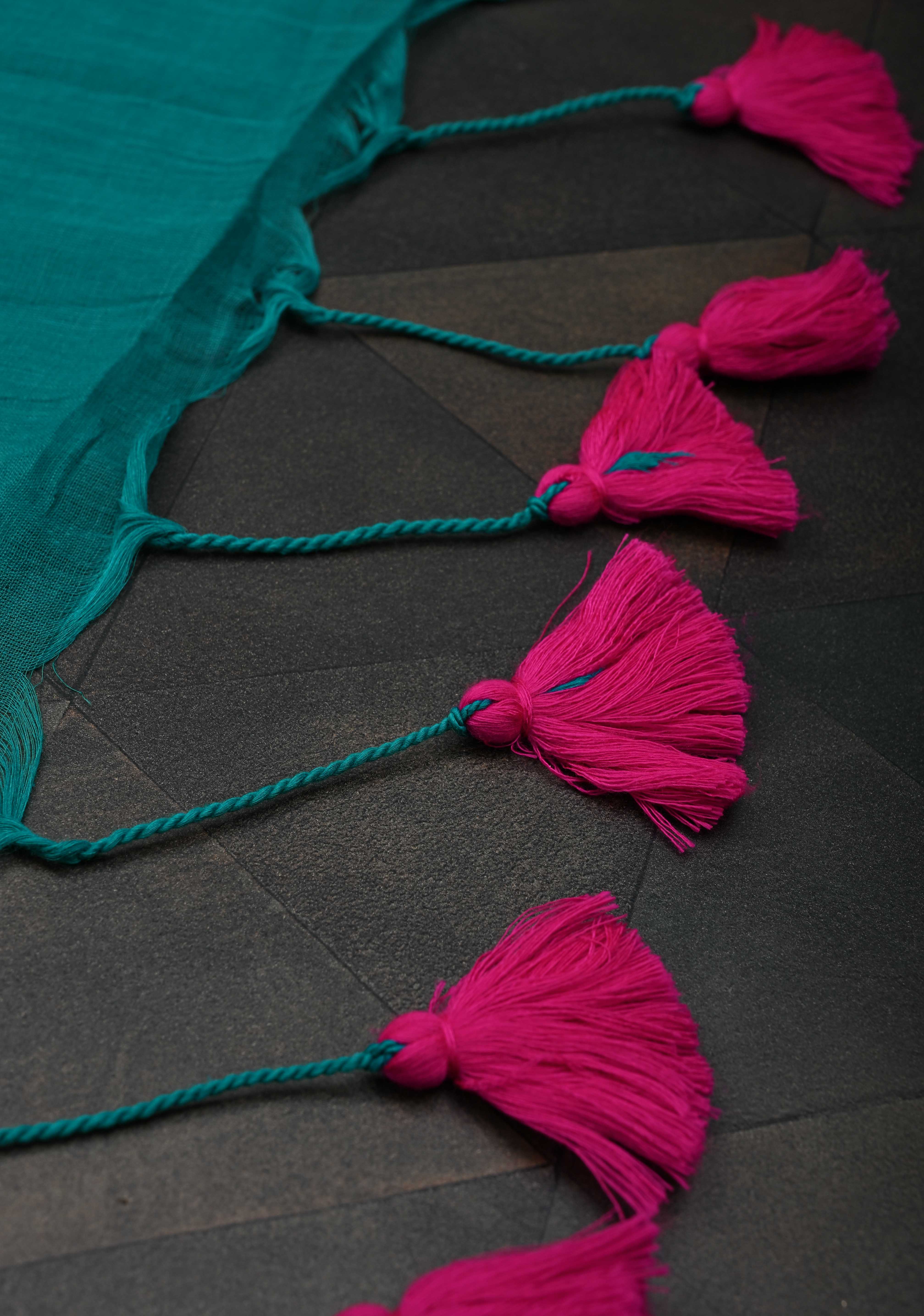 Teal Green Mulmul Cotton Saree with Long tassels, No Blouse Piece | Shobitam