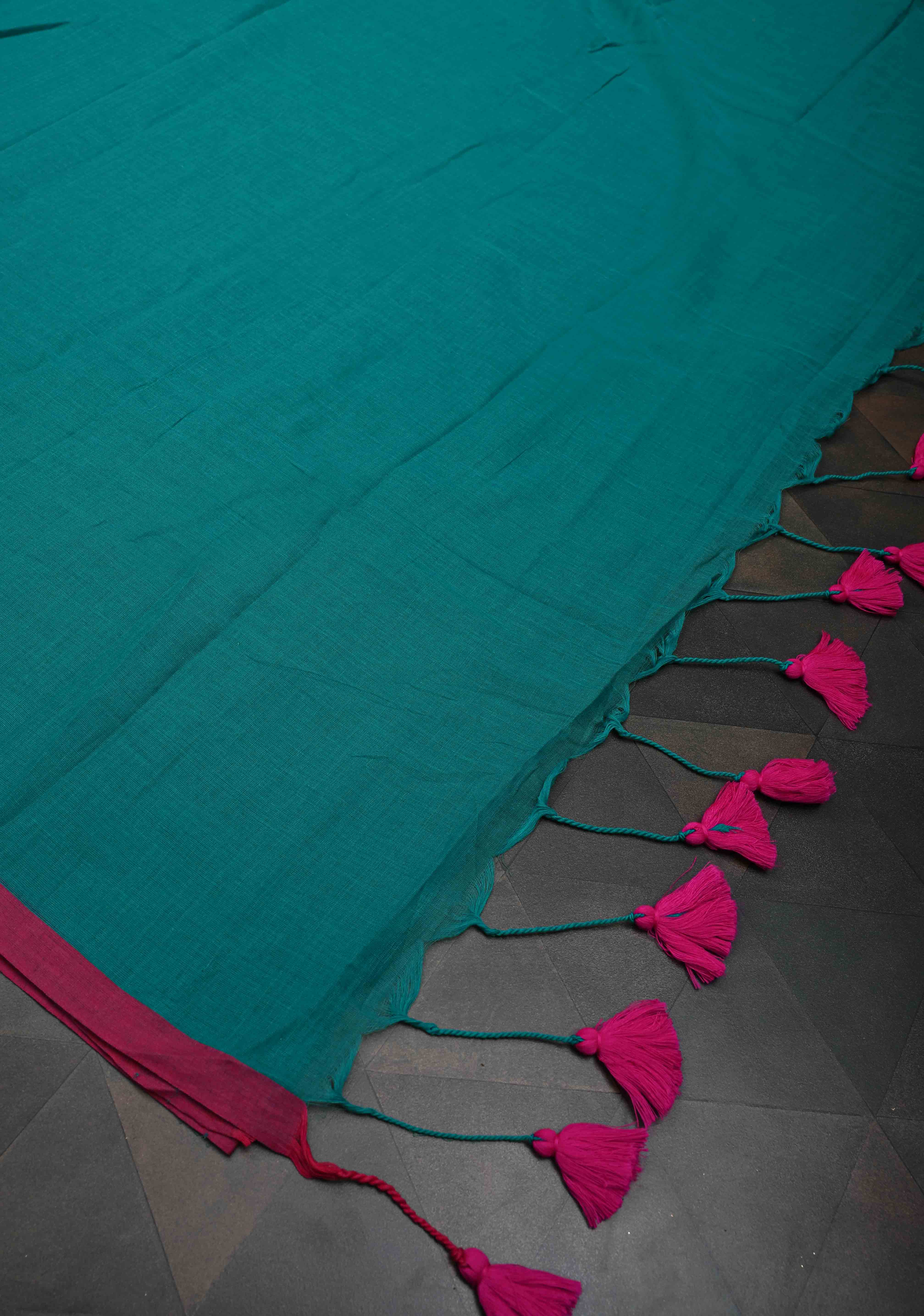 Teal Green Mulmul Cotton Saree with Long tassels, No Blouse Piece | Shobitam
