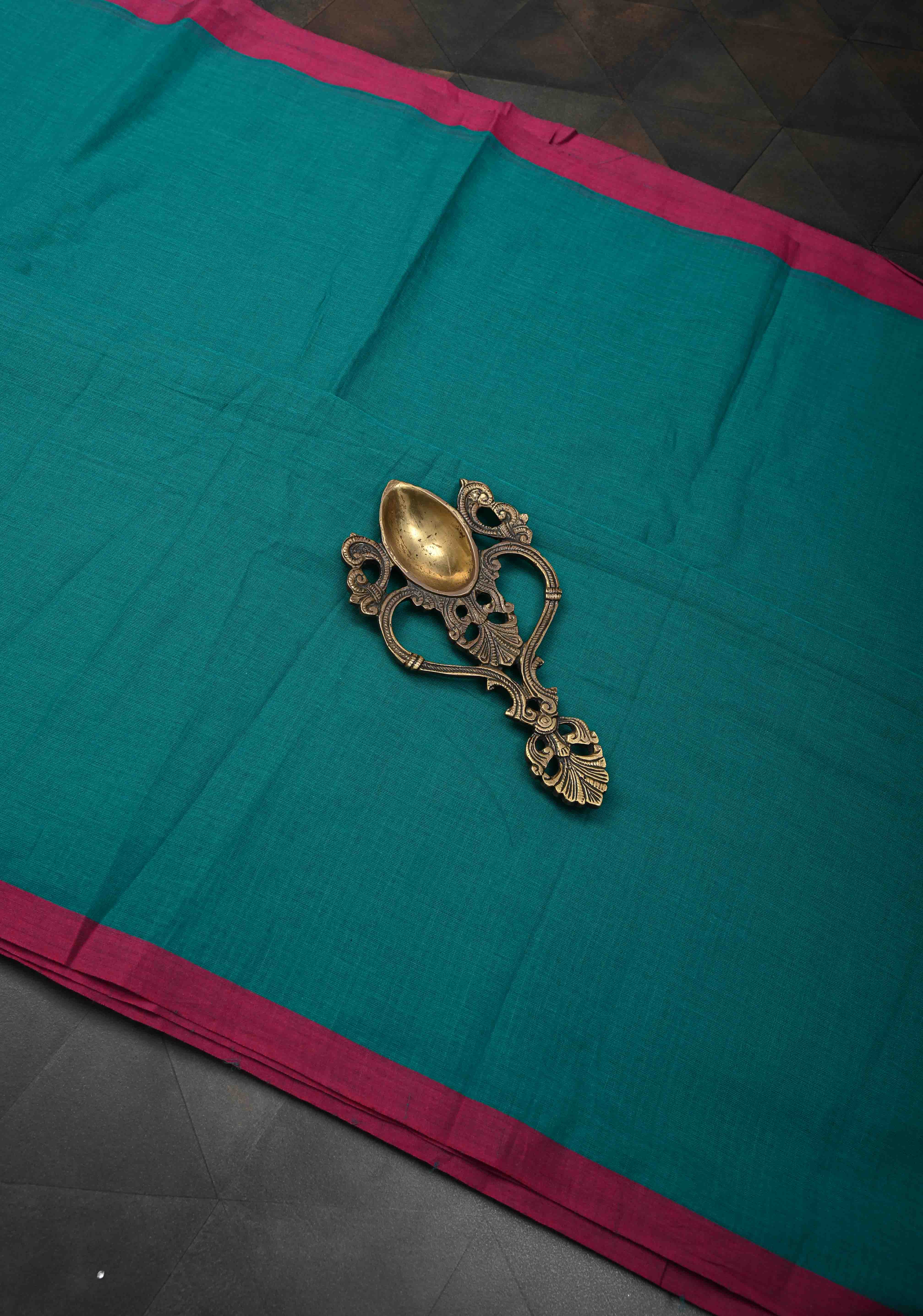 Teal Green Mulmul Cotton Saree with Long tassels, No Blouse Piece | Shobitam