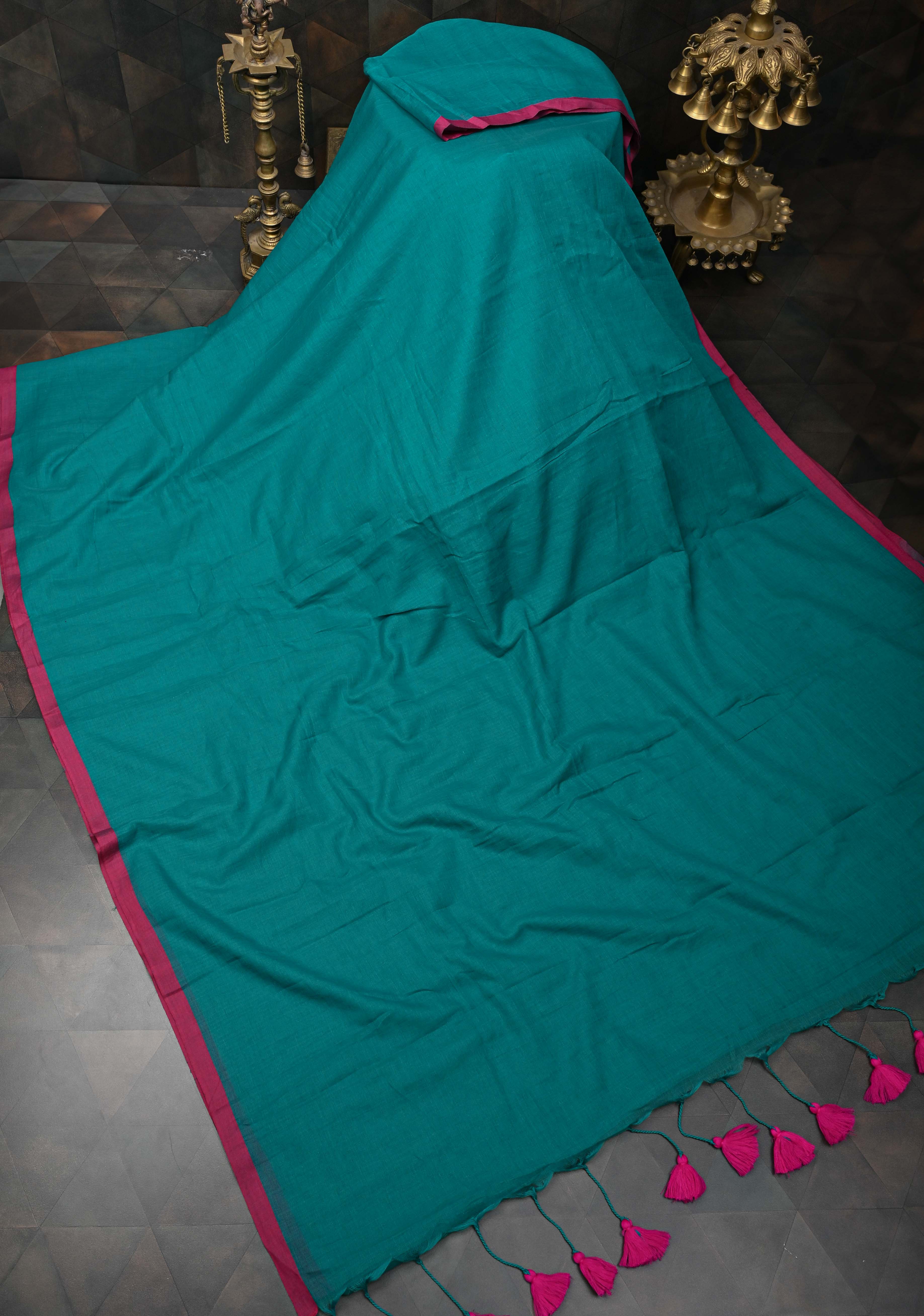 Teal Green Mulmul Cotton Saree with Long tassels, No Blouse Piece | Shobitam