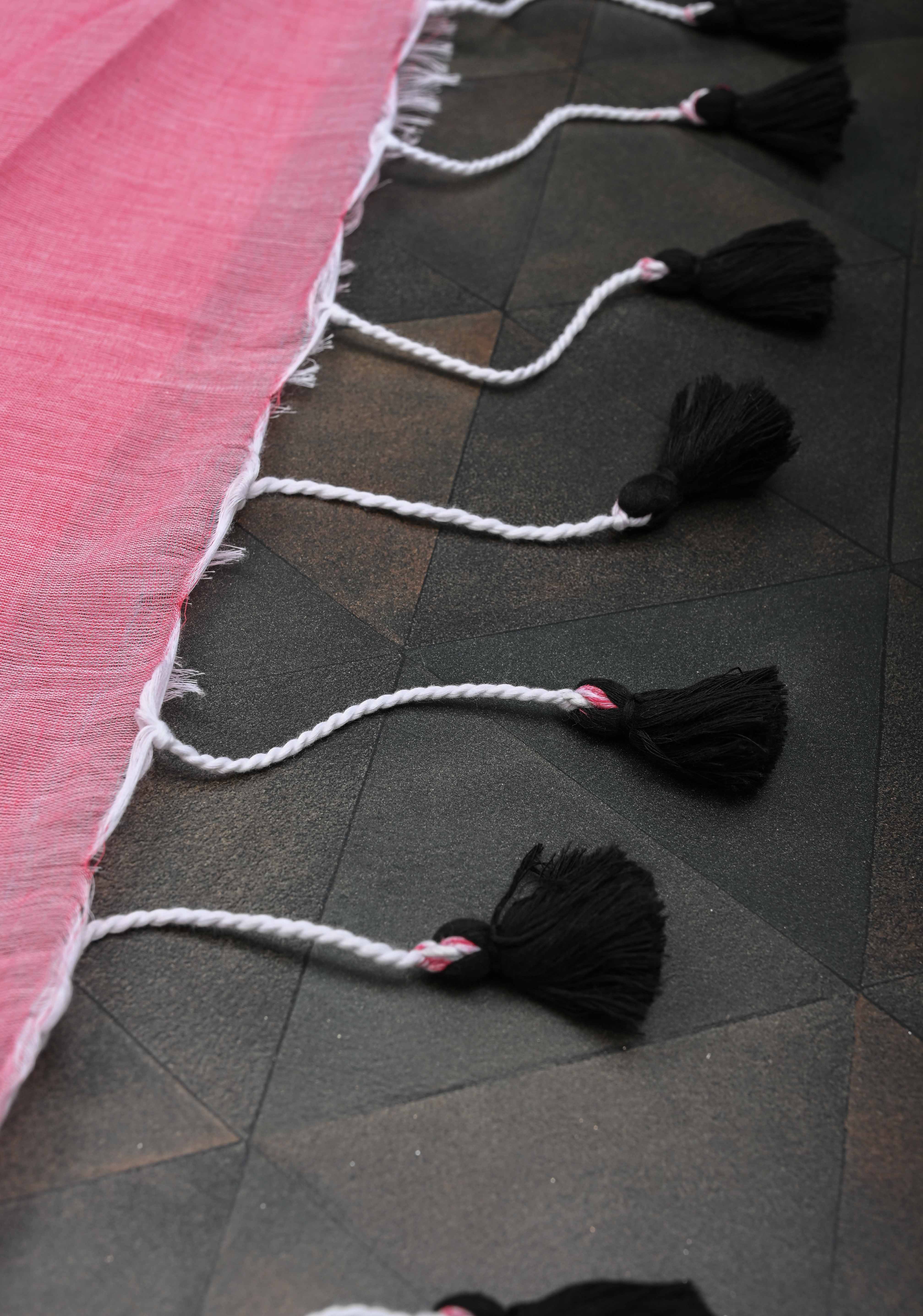 Pink Mulmul Cotton Saree with Long tassels, No Blouse Piece | Shobitam