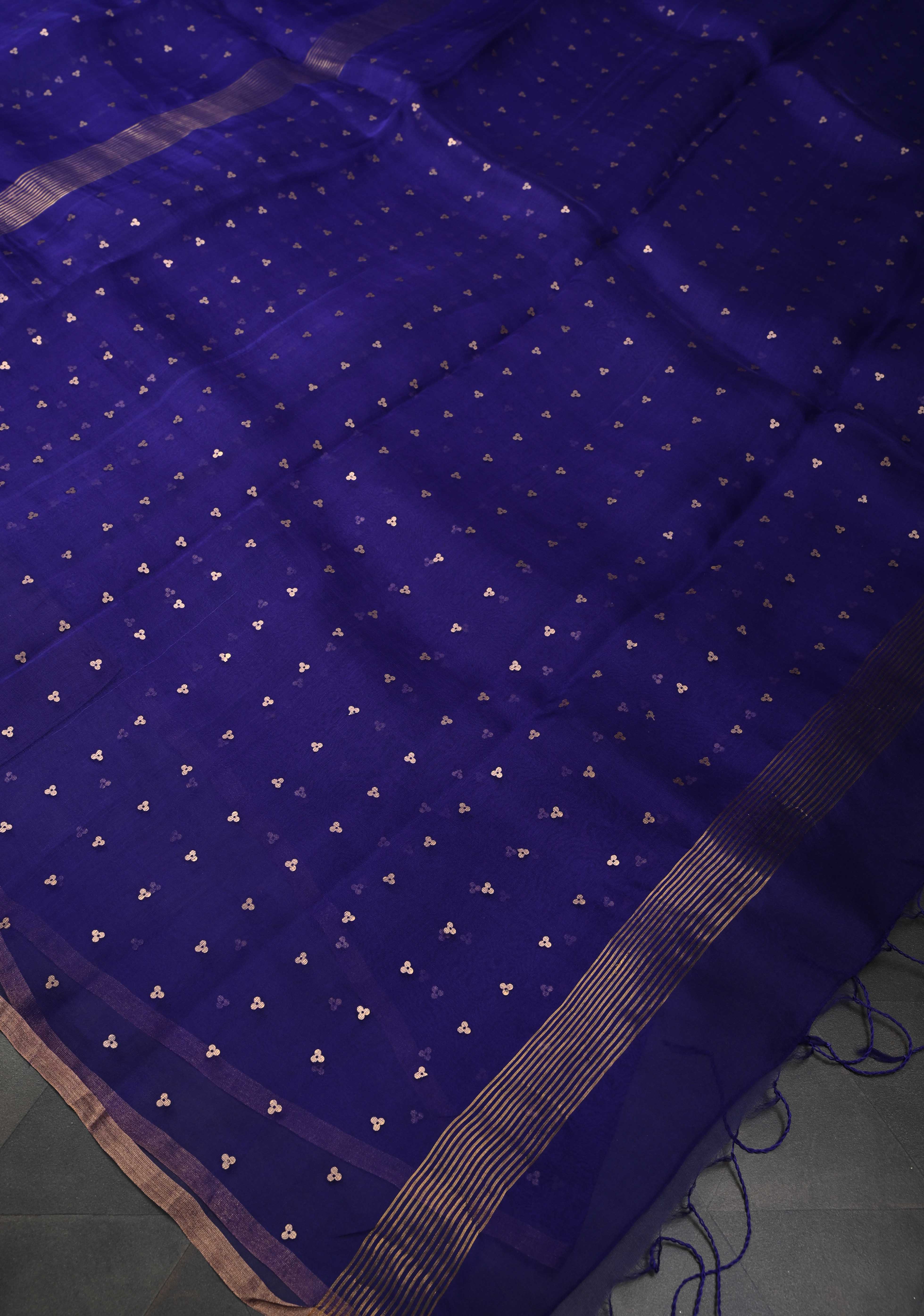 Dark Indigo Pocket Sequins Woven on Pure Muslin Saree | Shobitam