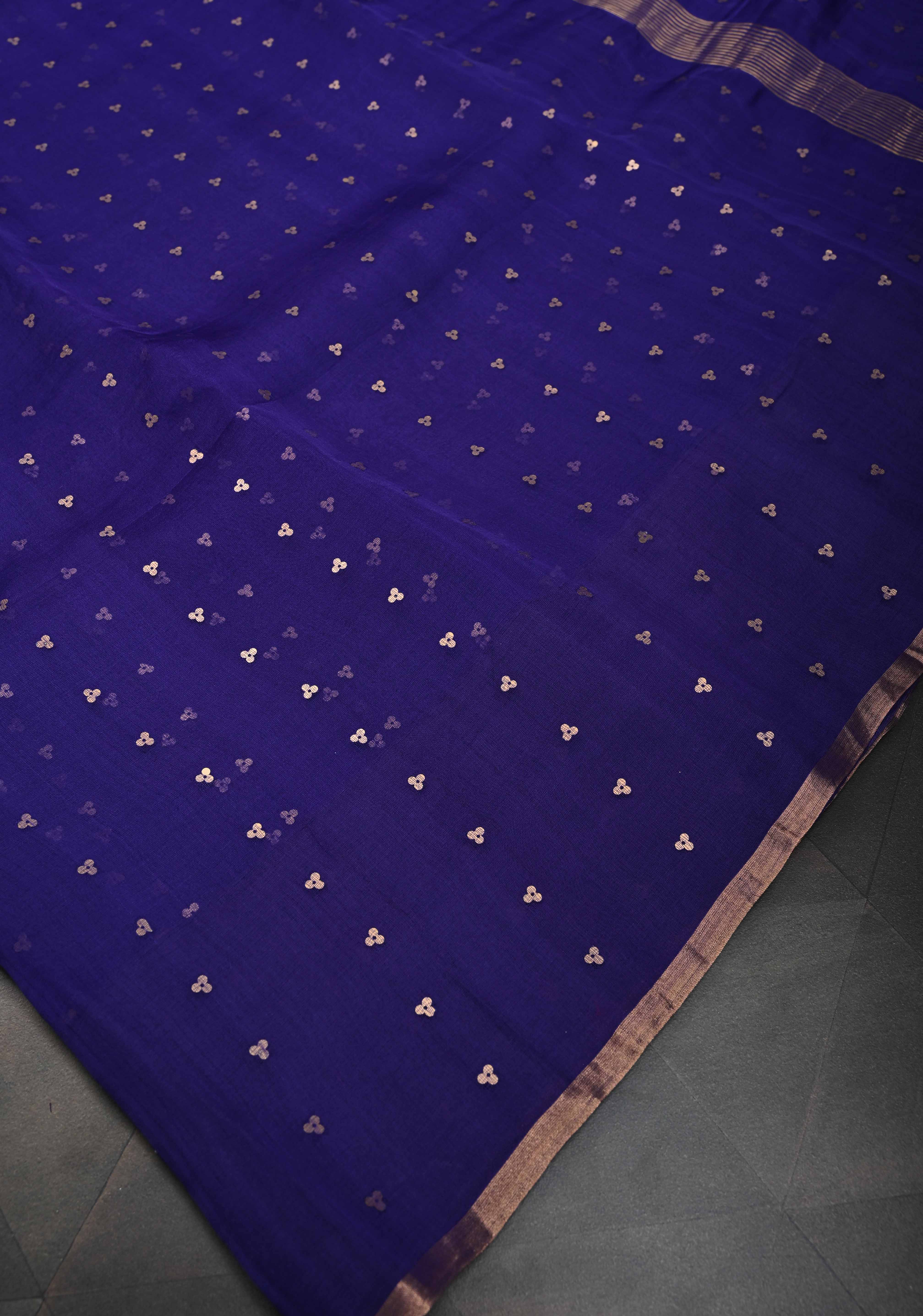 Dark Indigo Pocket Sequins Woven on Pure Muslin Saree | Shobitam