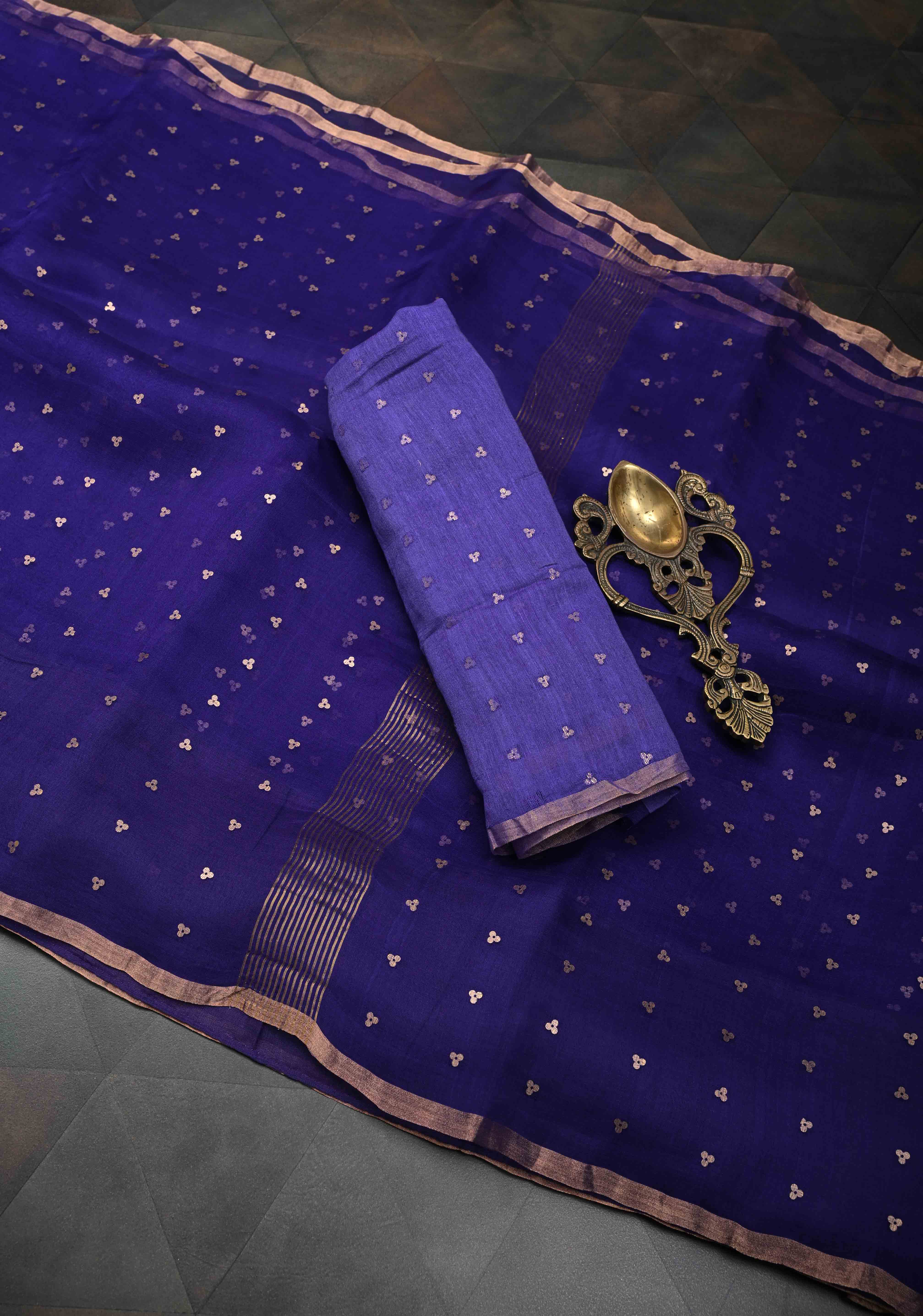 Dark Indigo Pocket Sequins Woven on Pure Muslin Saree | Shobitam