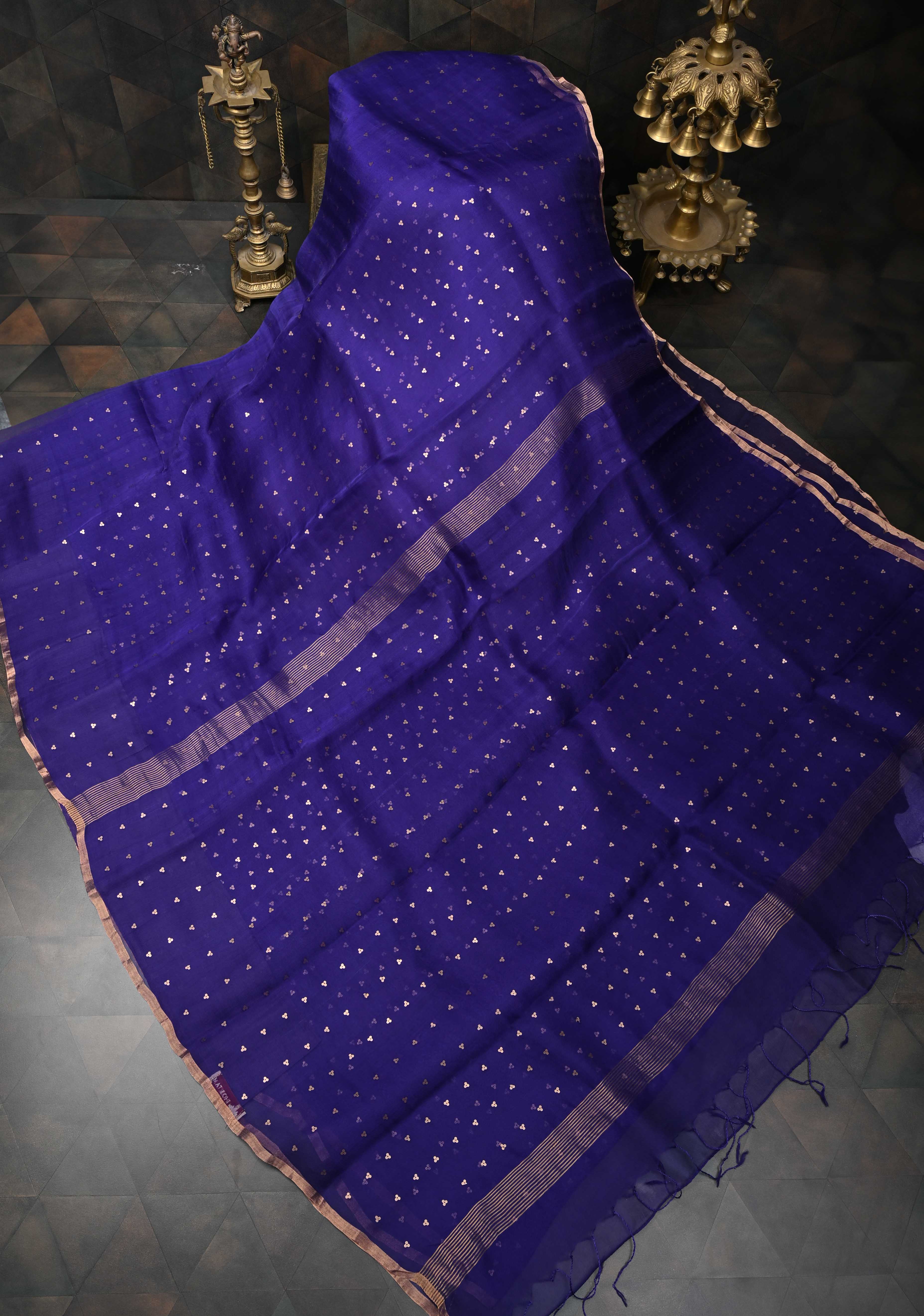Dark Indigo Pocket Sequins Woven on Pure Muslin Saree | Shobitam