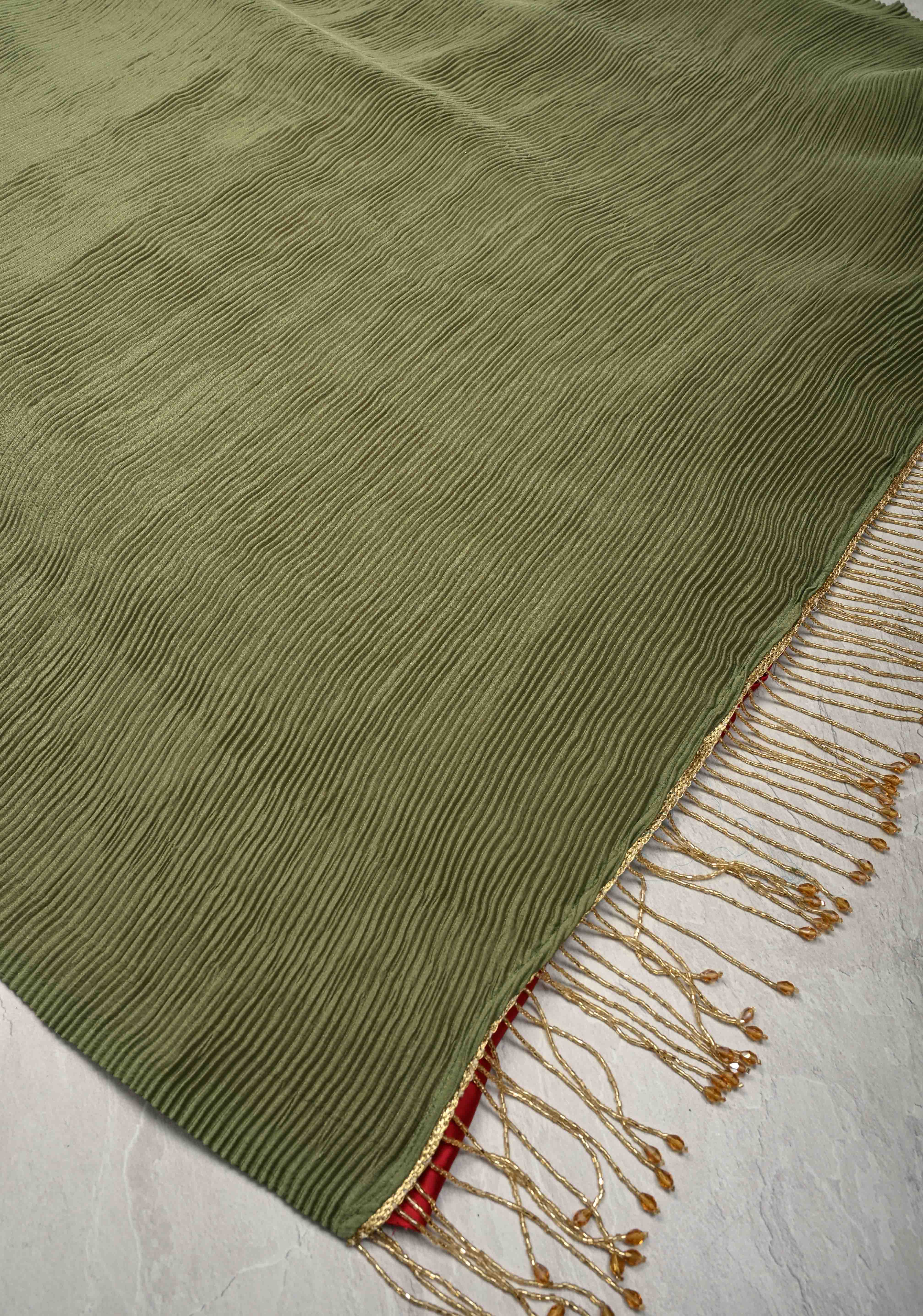 Pleated Satin saree in Sage Green and Maroon, No Blouse Piece | Shobitam