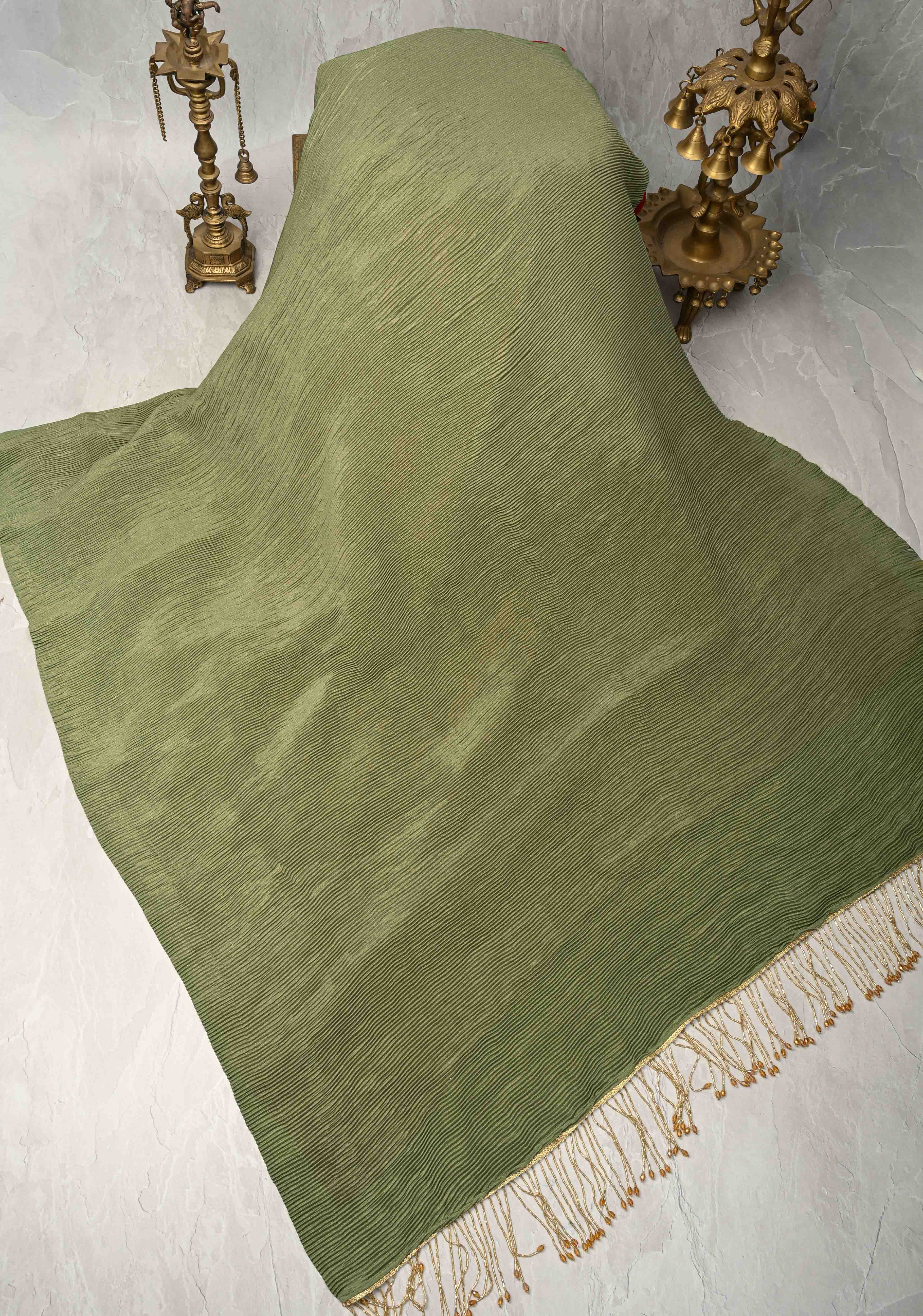 Pleated Satin saree in Sage Green and Maroon, No Blouse Piece | Shobitam