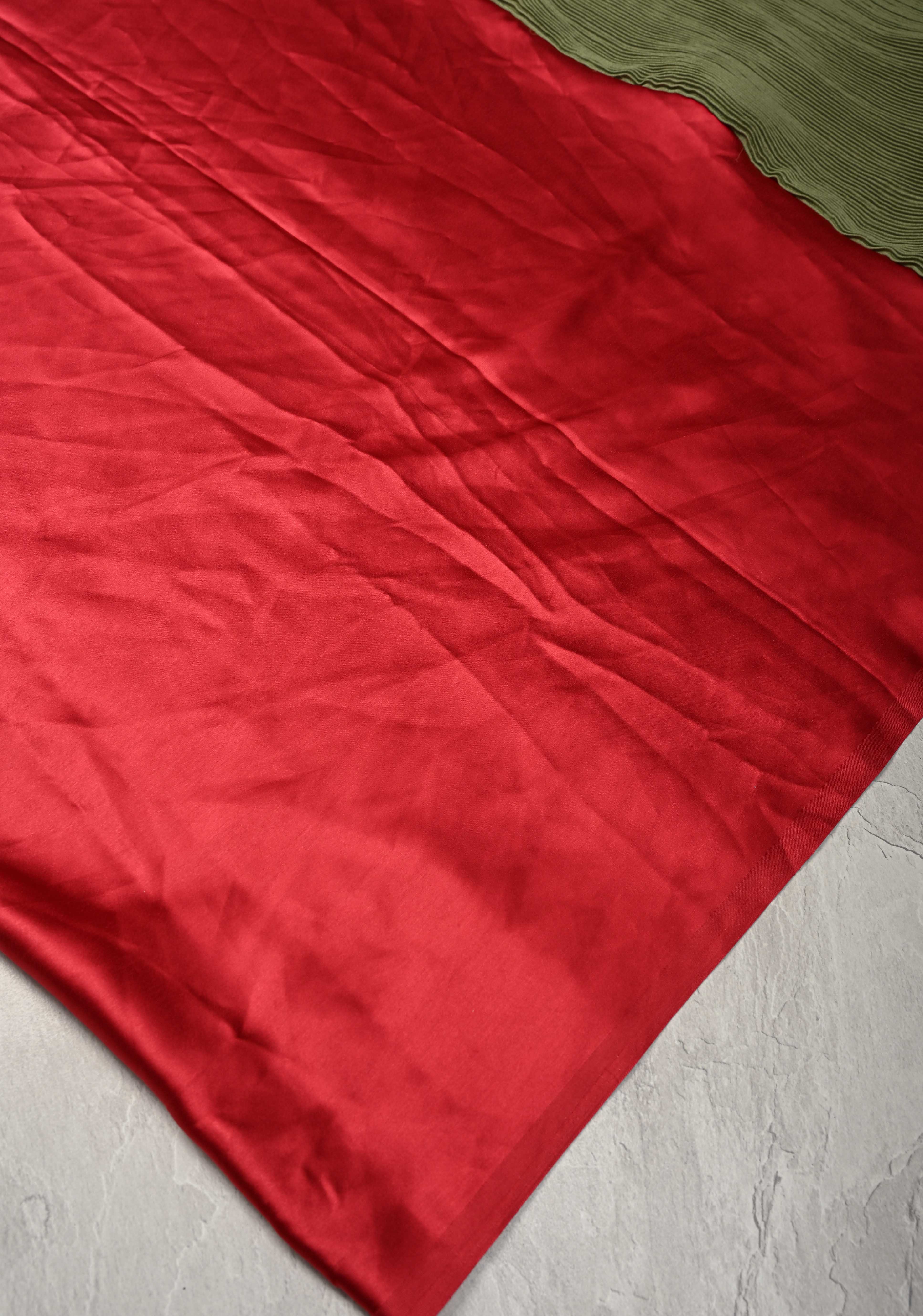 Pleated Satin saree in Sage Green and Maroon, No Blouse Piece | Shobitam