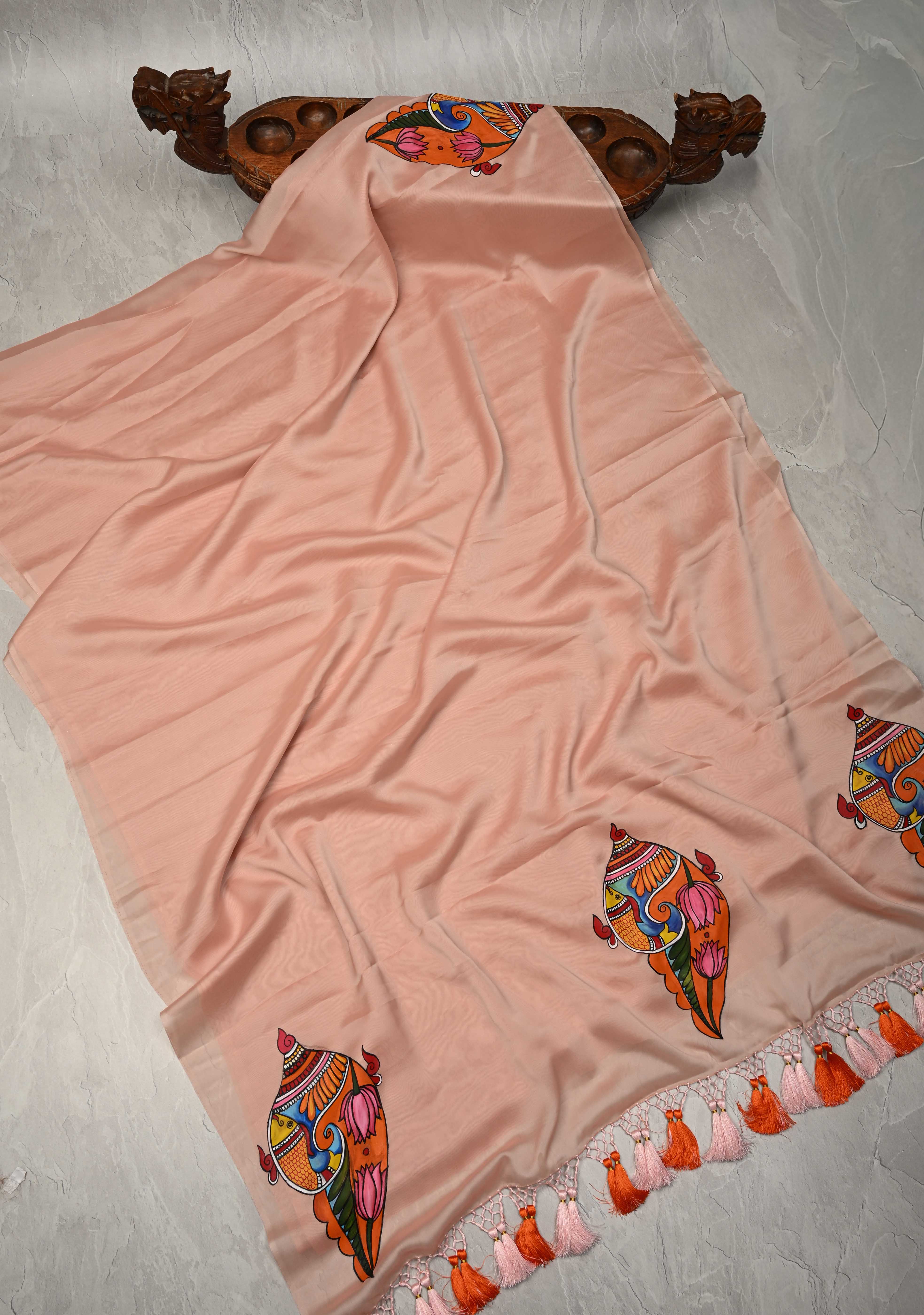 Blush Pink Chiffon Saree with Conch Shell Hand Painted , No Blouse Piece | Shobitam