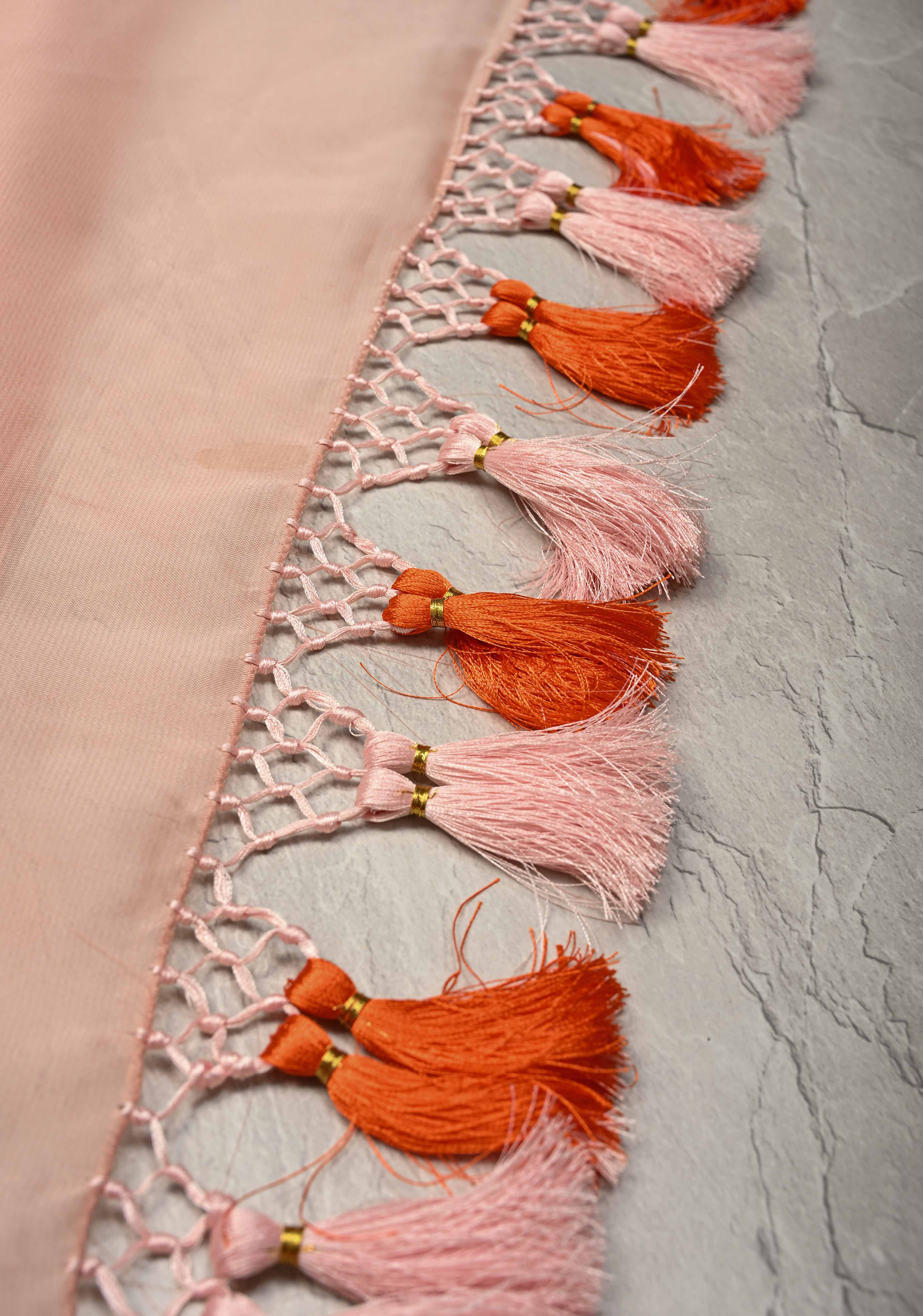 Blush Pink Chiffon Saree with Conch Shell Hand Painted , No Blouse Piece | Shobitam