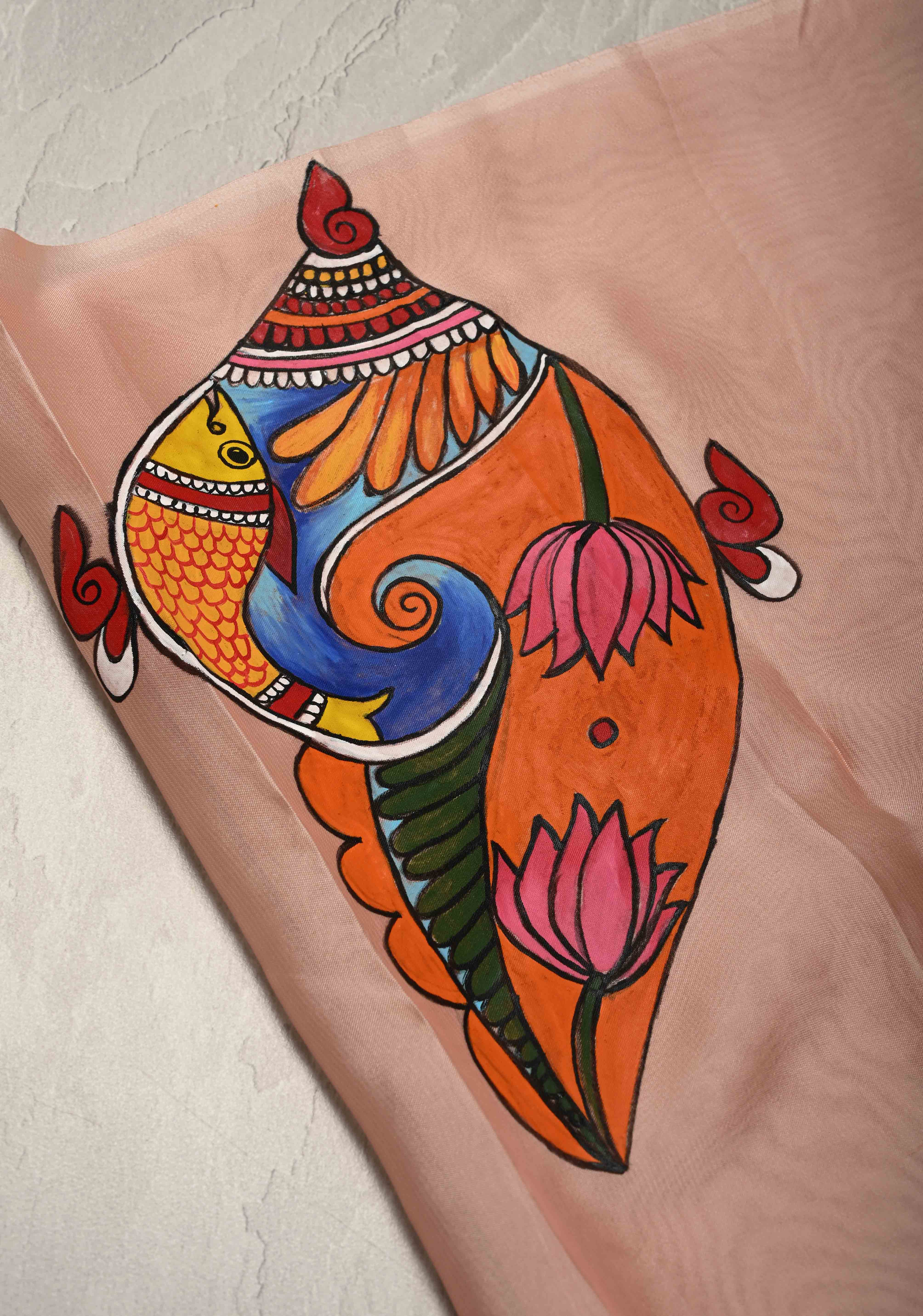 Blush Pink Chiffon Saree with Conch Shell Hand Painted , No Blouse Piece | Shobitam