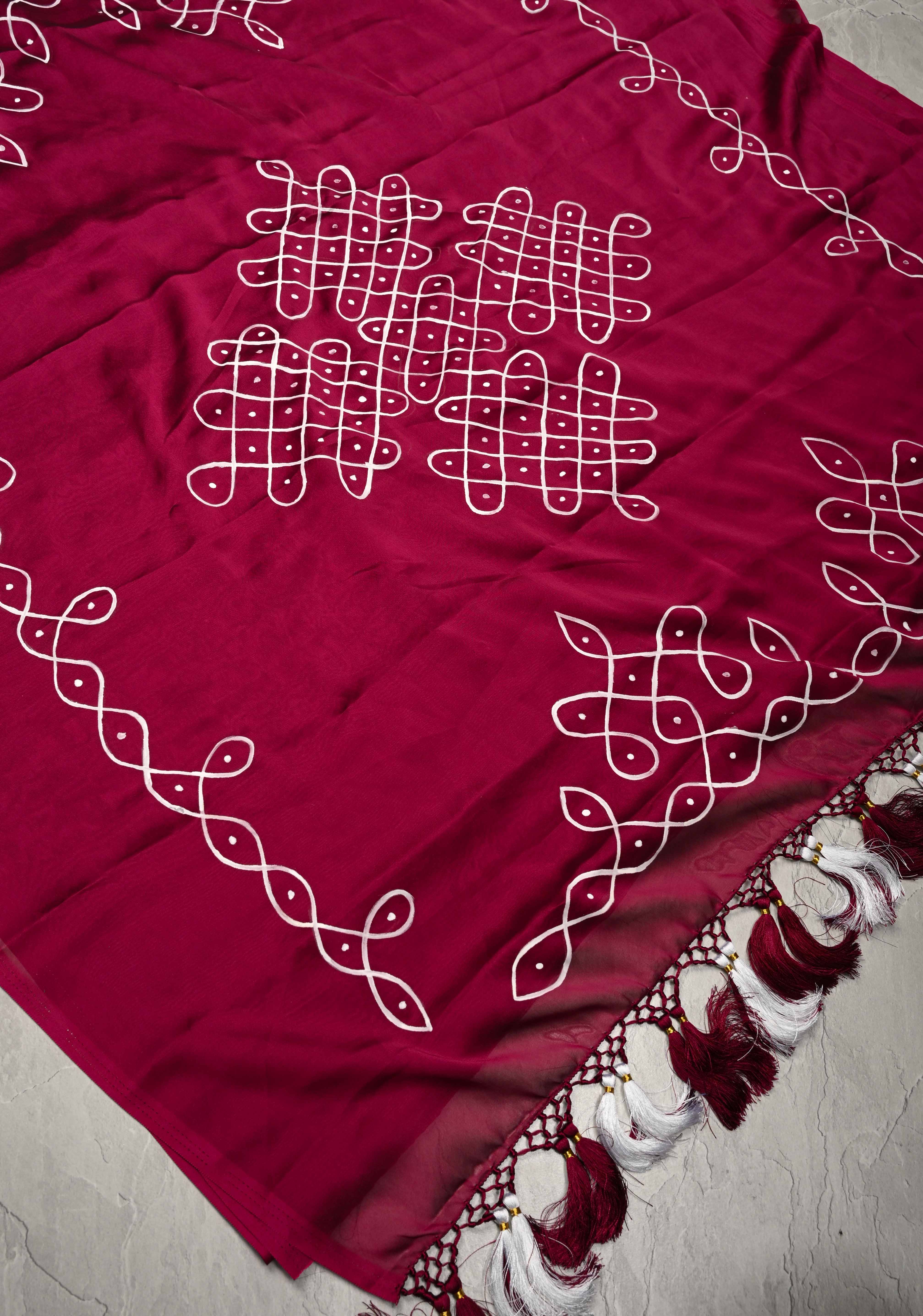 Maroon Georgette Saree with Rangoli Design Hand Painting on Pallu, No Blouse Piece | Shobitam