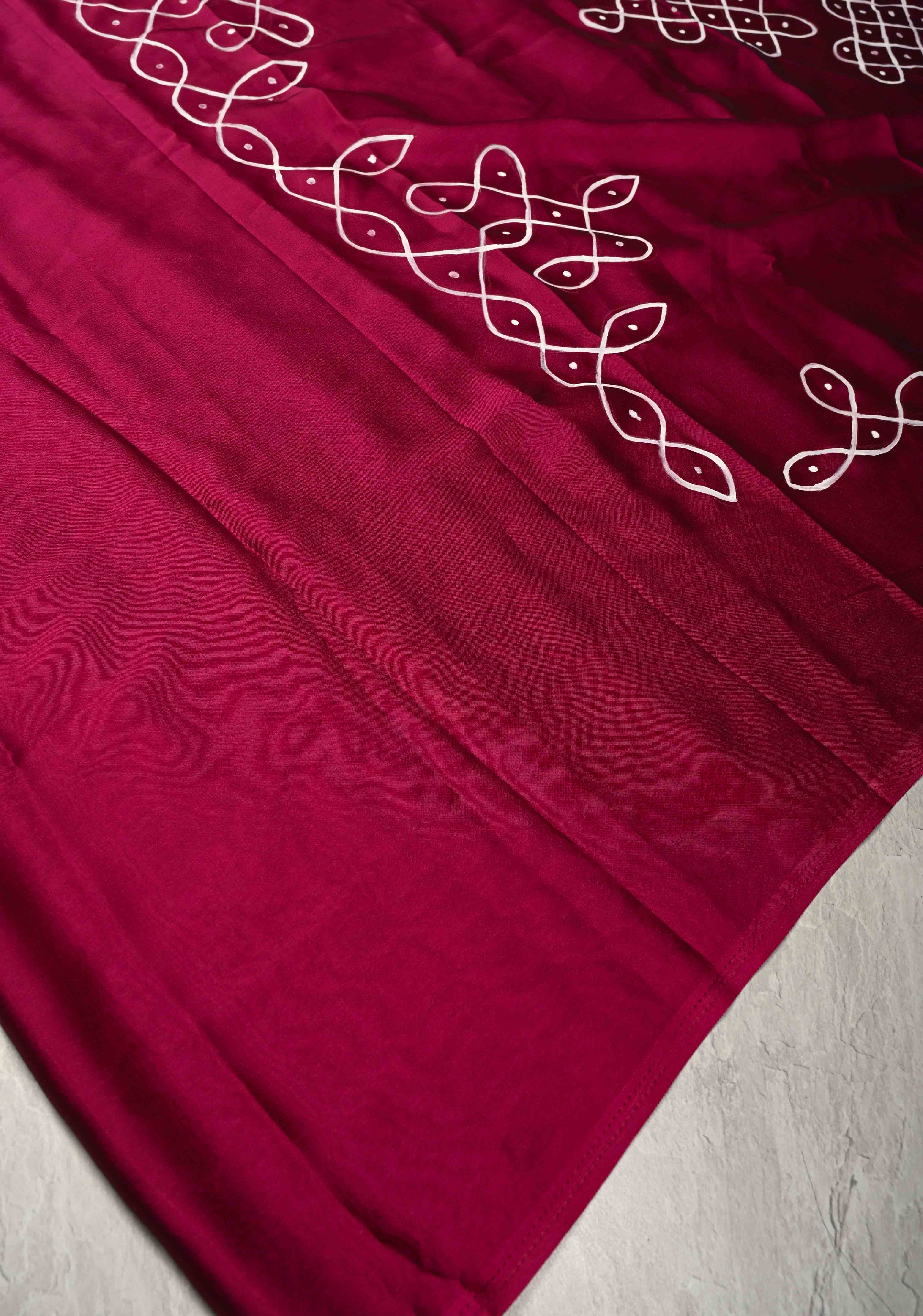 Maroon Georgette Saree with Rangoli Design Hand Painting on Pallu, No Blouse Piece | Shobitam