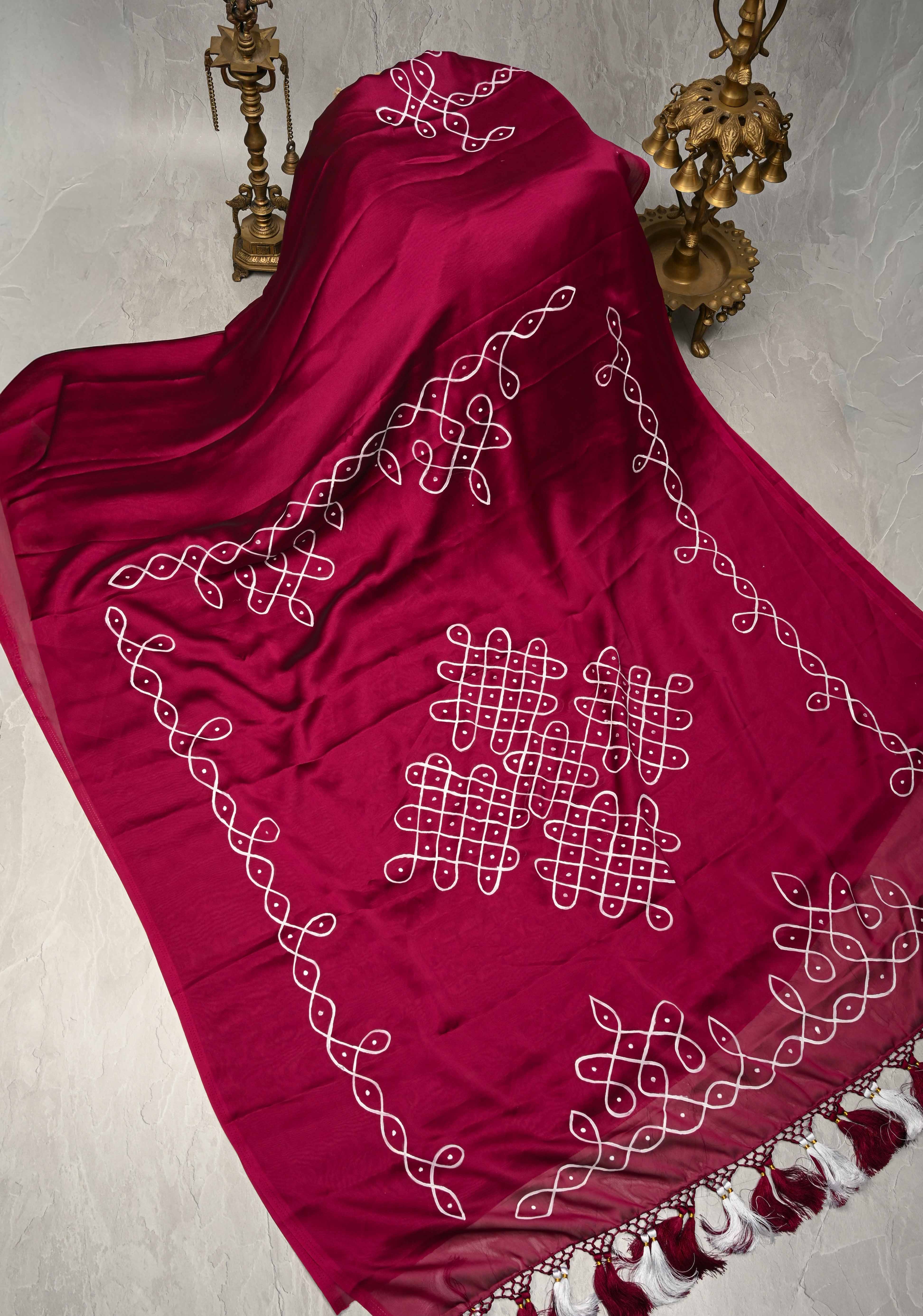 Maroon Georgette Saree with Rangoli Design Hand Painting on Pallu, No Blouse Piece | Shobitam