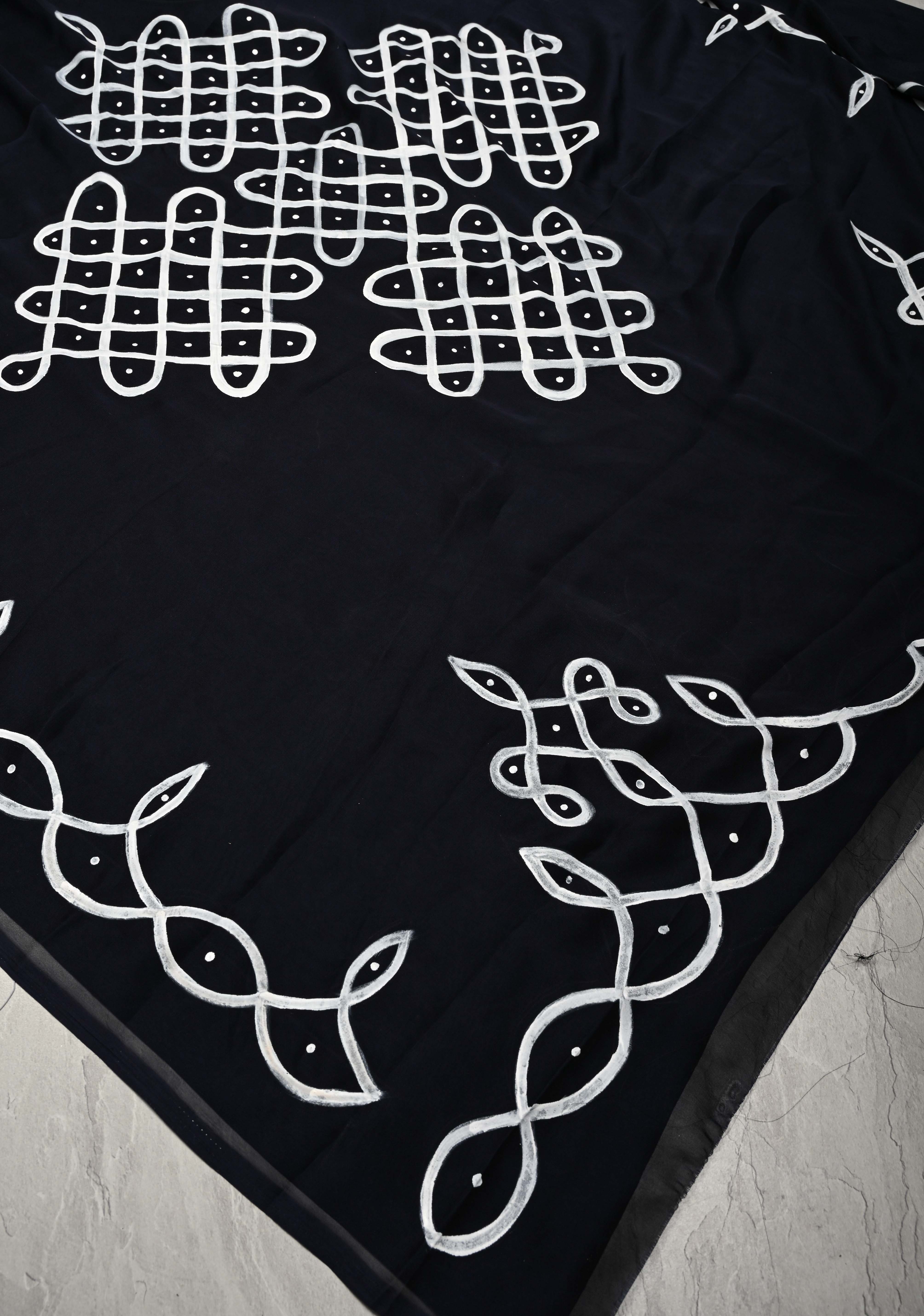 Deep Midnight Blue Shimmer Georgette Saree with Rangoli Hand Painted on Pallu , No Blouse Piece | Shobitam