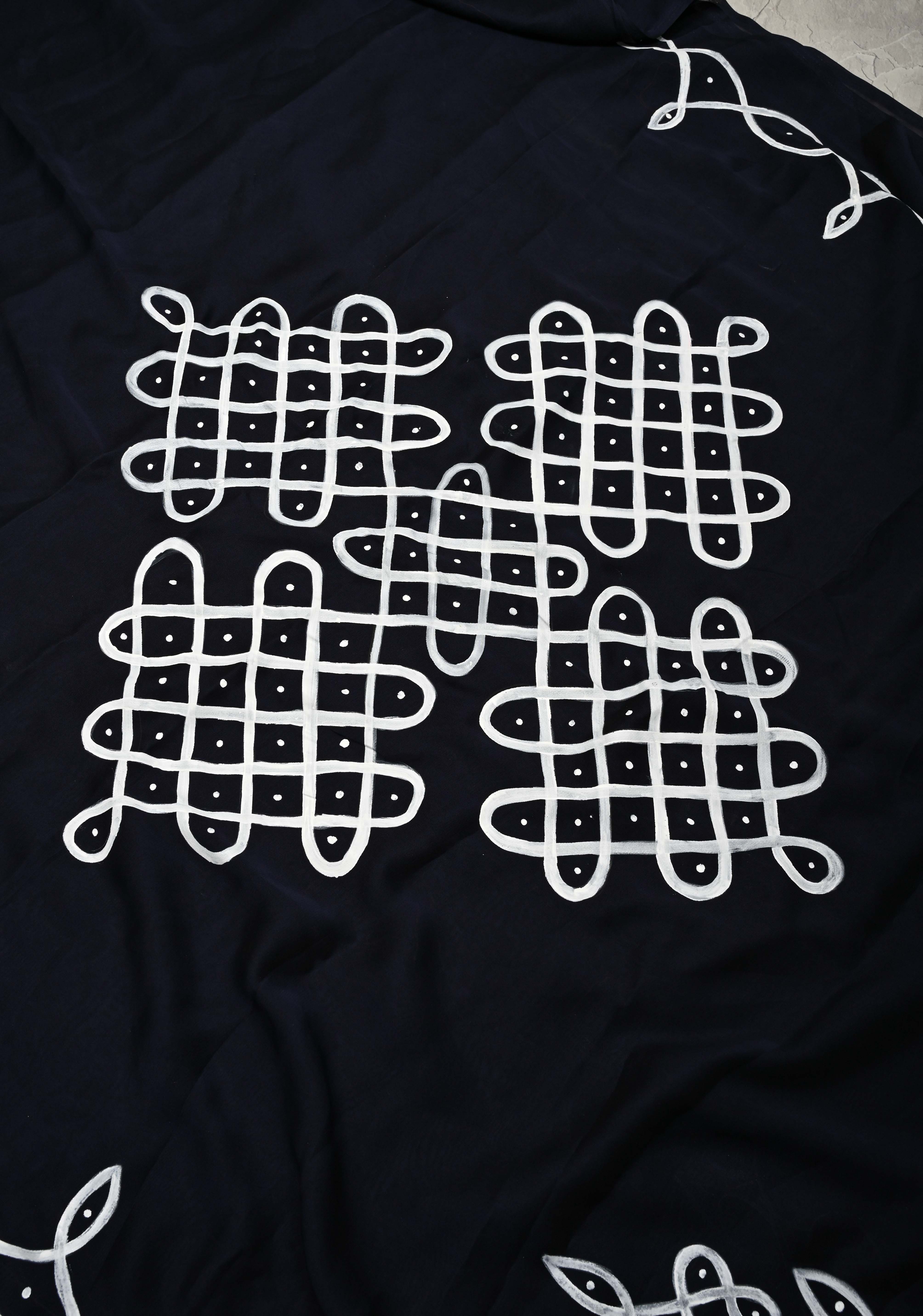 Deep Midnight Blue Shimmer Georgette Saree with Rangoli Hand Painted on Pallu , No Blouse Piece | Shobitam