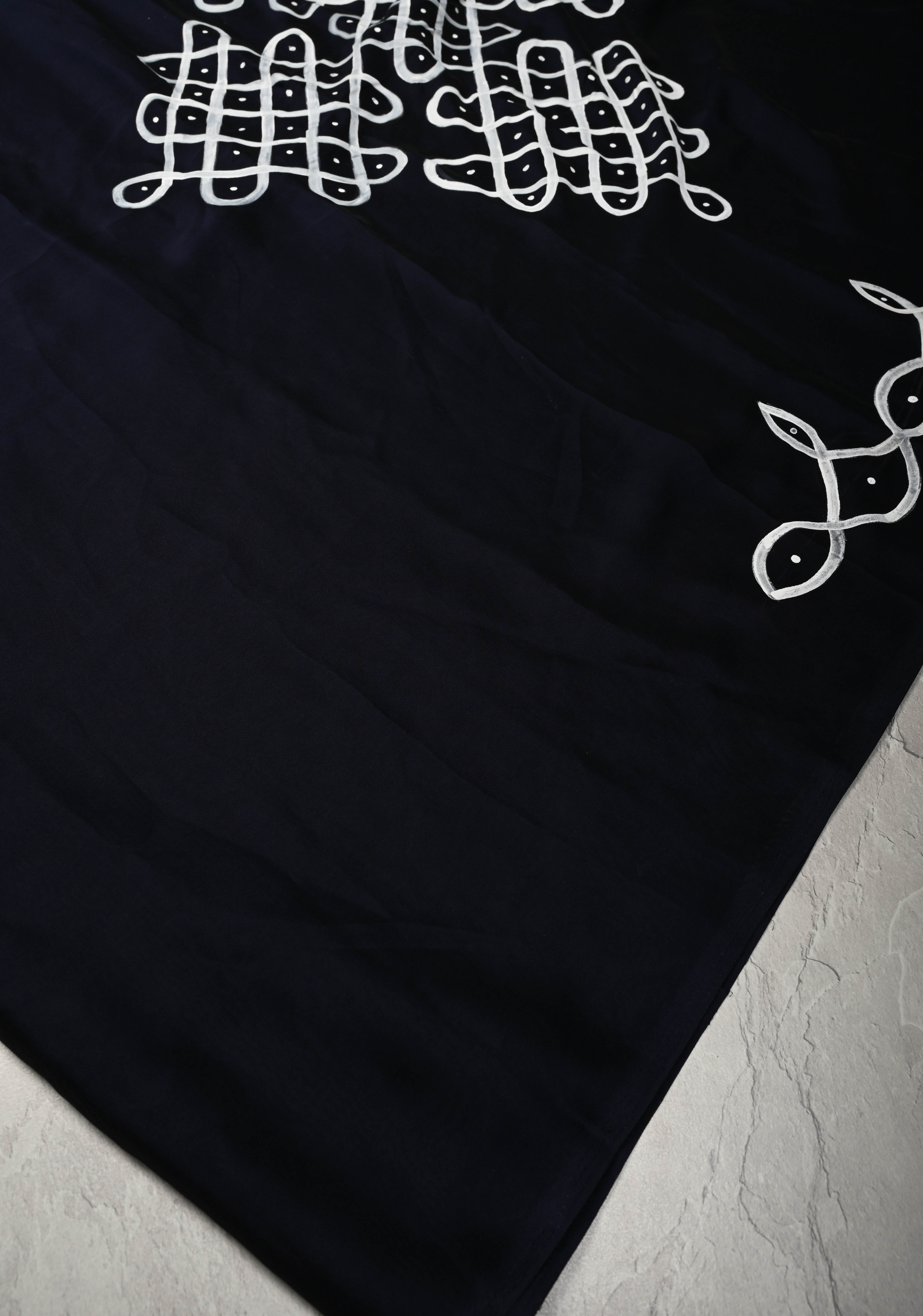 Deep Midnight Blue Shimmer Georgette Saree with Rangoli Hand Painted on Pallu , No Blouse Piece | Shobitam