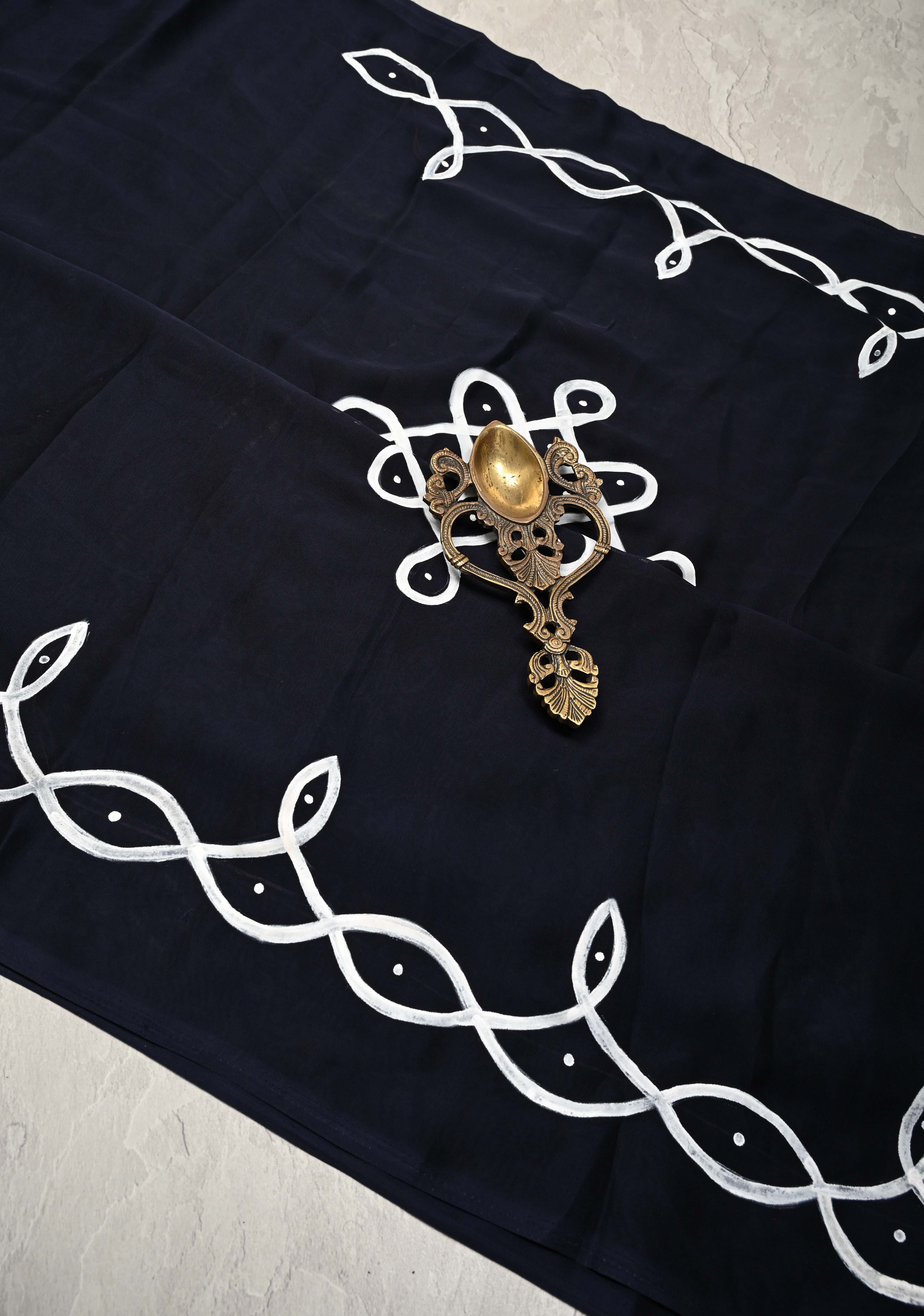 Deep Midnight Blue Shimmer Georgette Saree with Rangoli Hand Painted on Pallu , No Blouse Piece | Shobitam