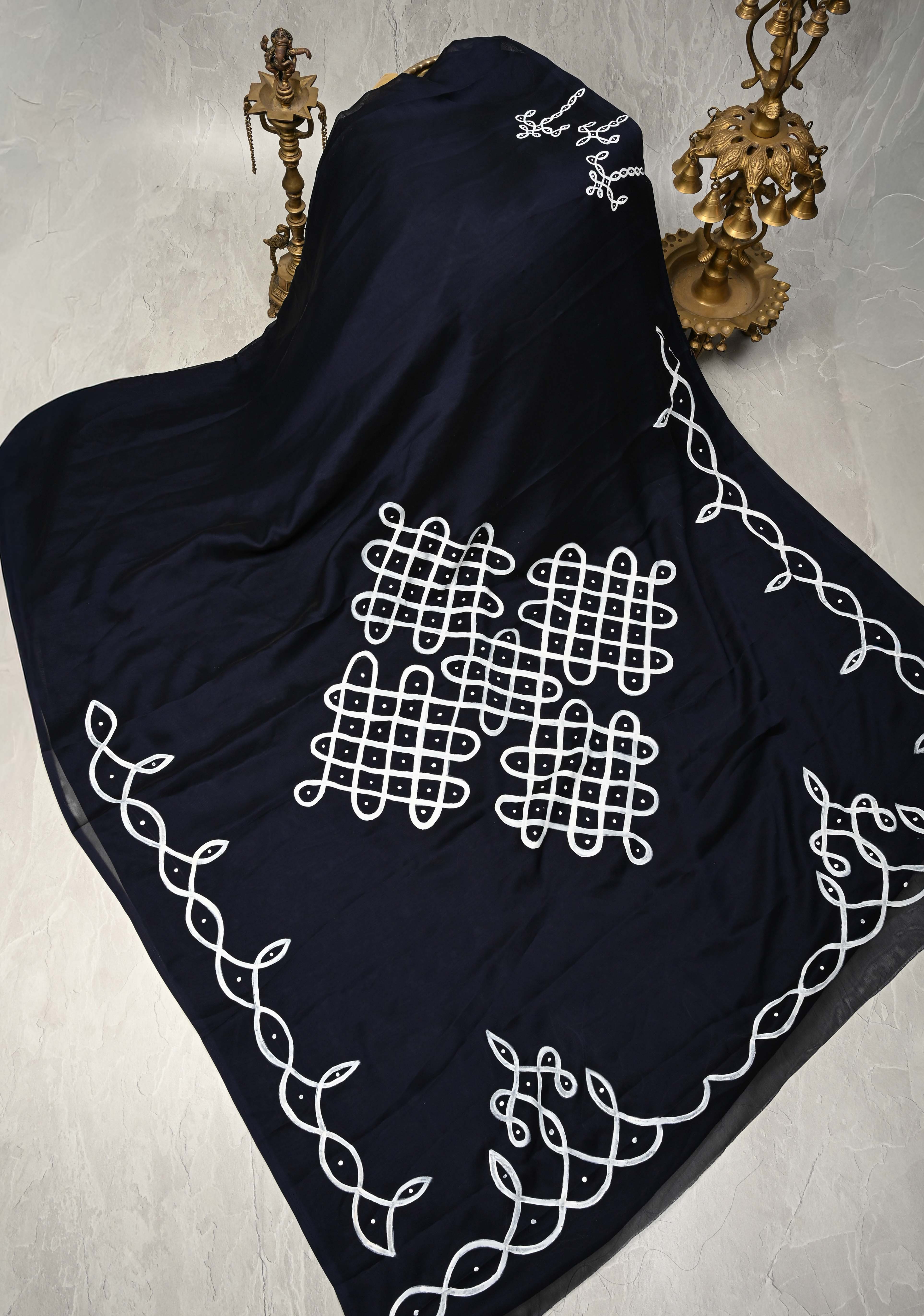 Deep Midnight Blue Shimmer Georgette Saree with Rangoli Hand Painted on Pallu , No Blouse Piece | Shobitam