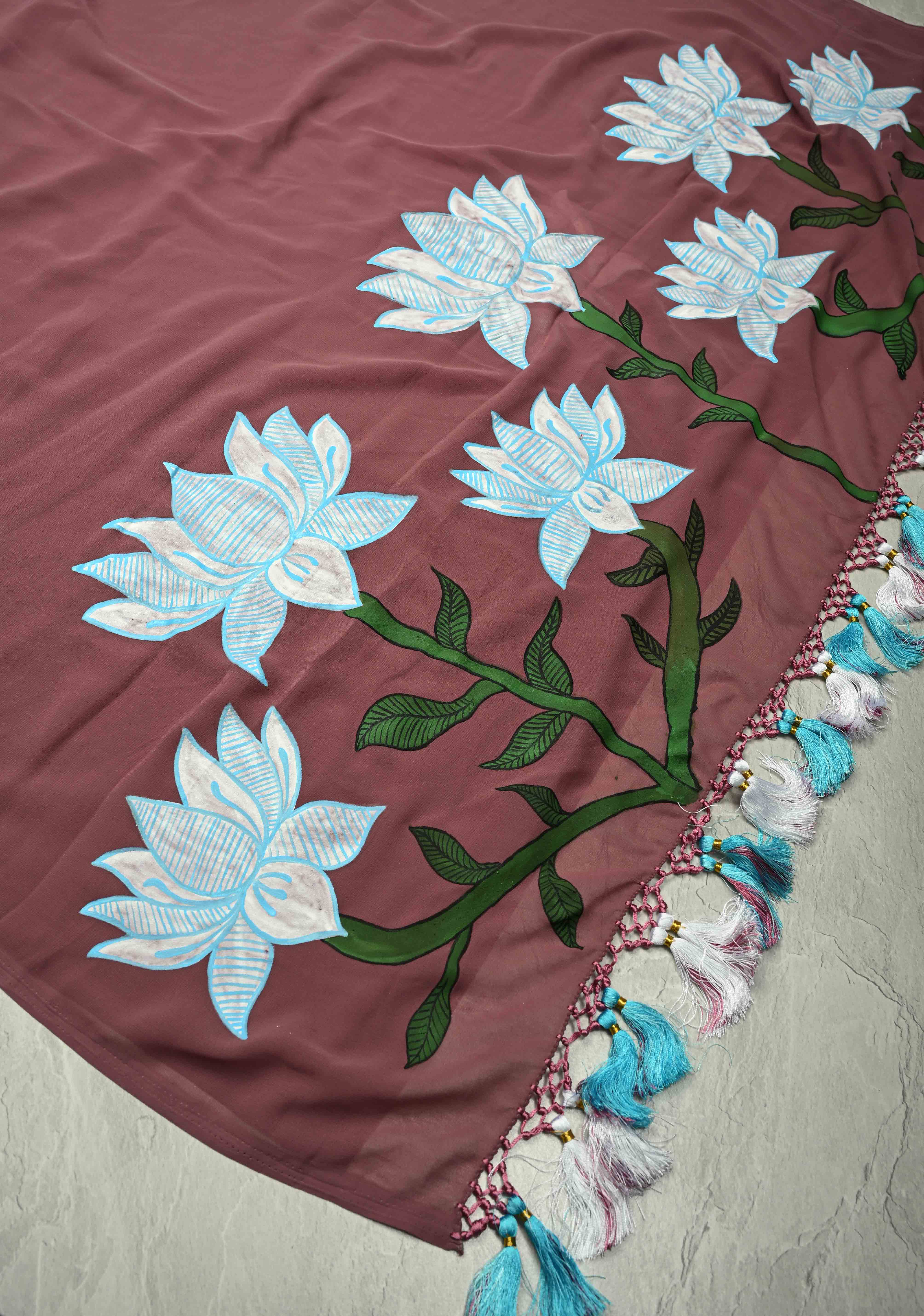 Dark Mauve Georgette Saree with Lotus Hand Painting on Pallu, No Blouse Piece | Shobitam