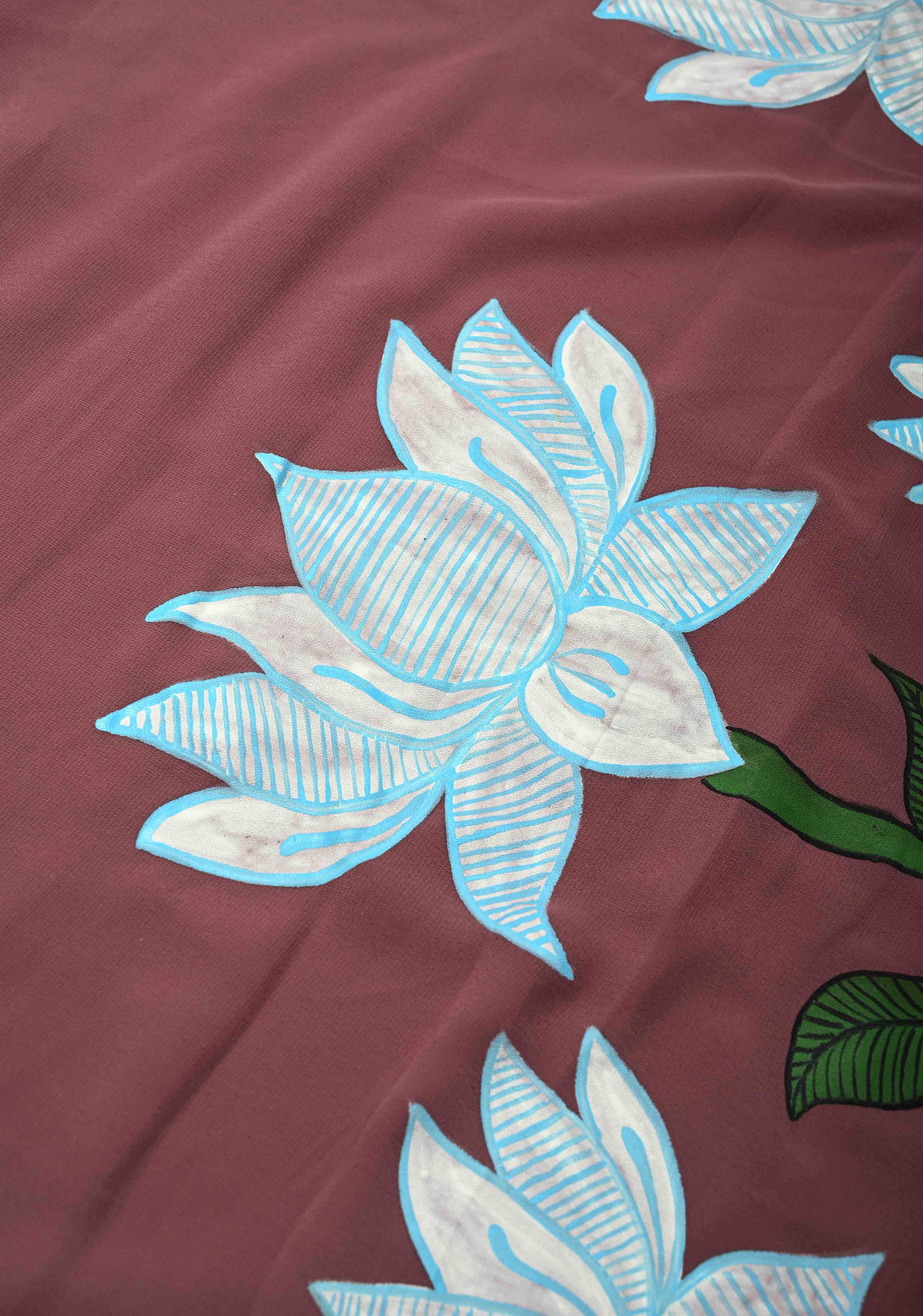 Dark Mauve Georgette Saree with Lotus Hand Painting on Pallu, No Blouse Piece | Shobitam