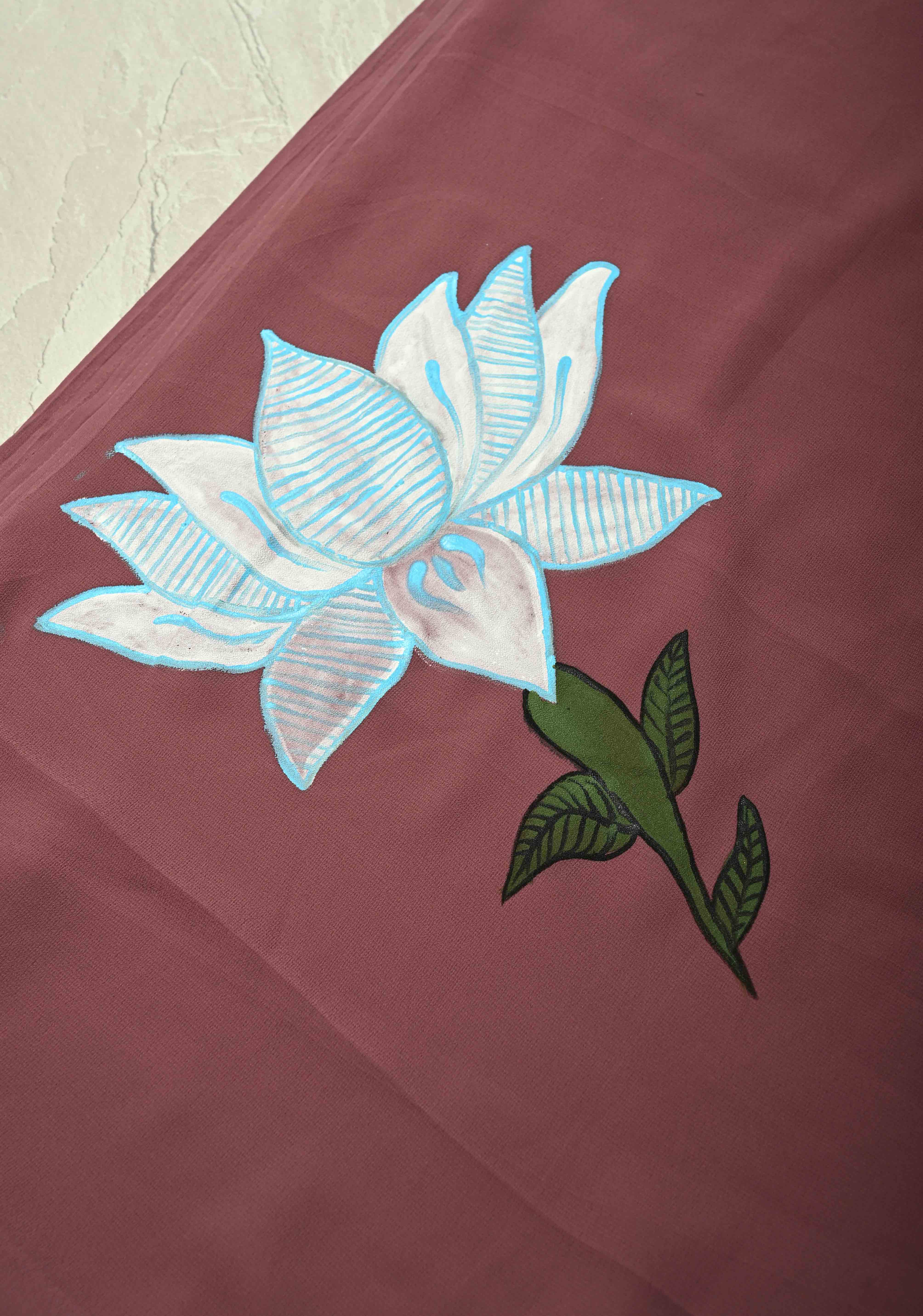 Dark Mauve Georgette Saree with Lotus Hand Painting on Pallu, No Blouse Piece | Shobitam