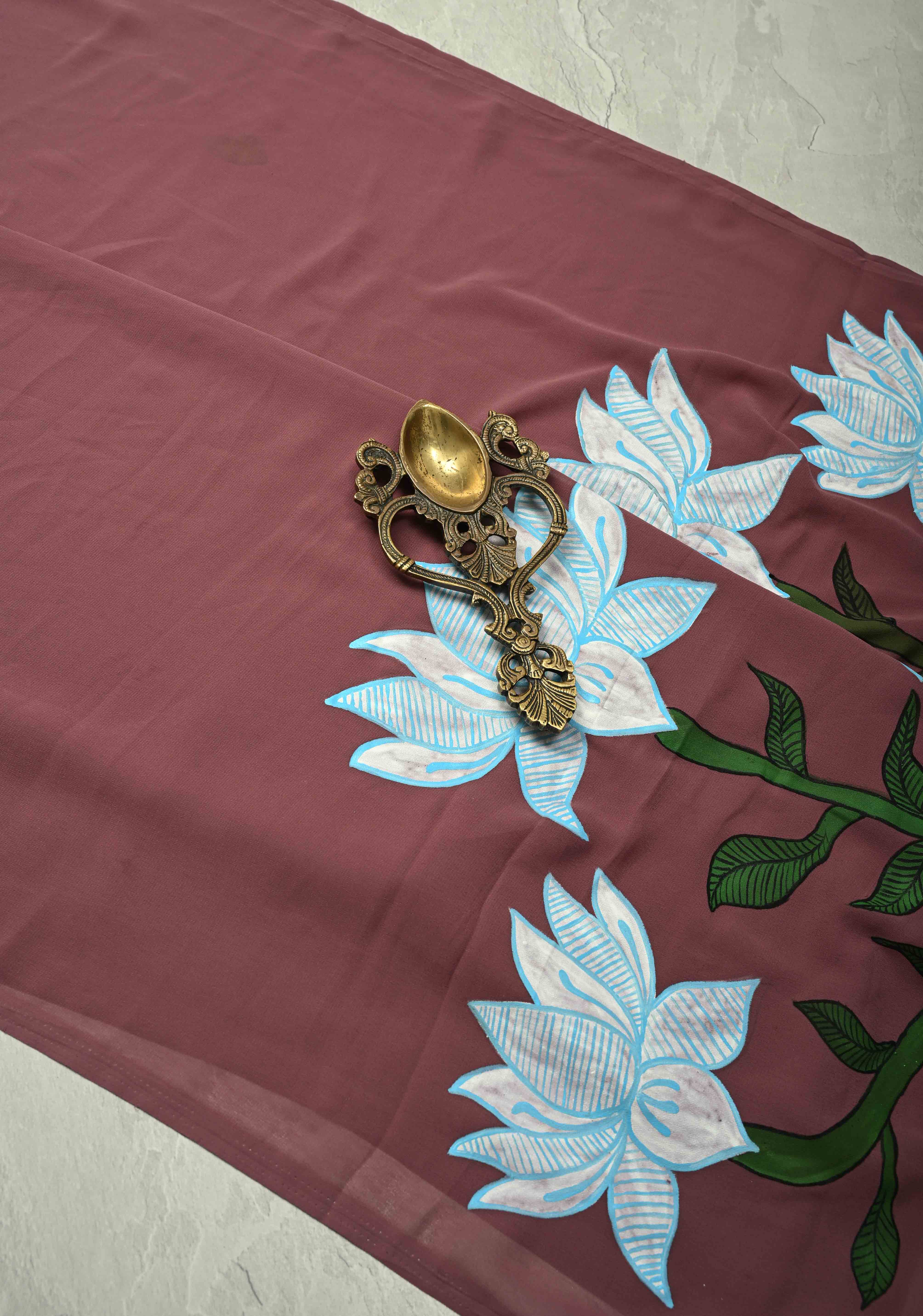 Dark Mauve Georgette Saree with Lotus Hand Painting on Pallu, No Blouse Piece | Shobitam