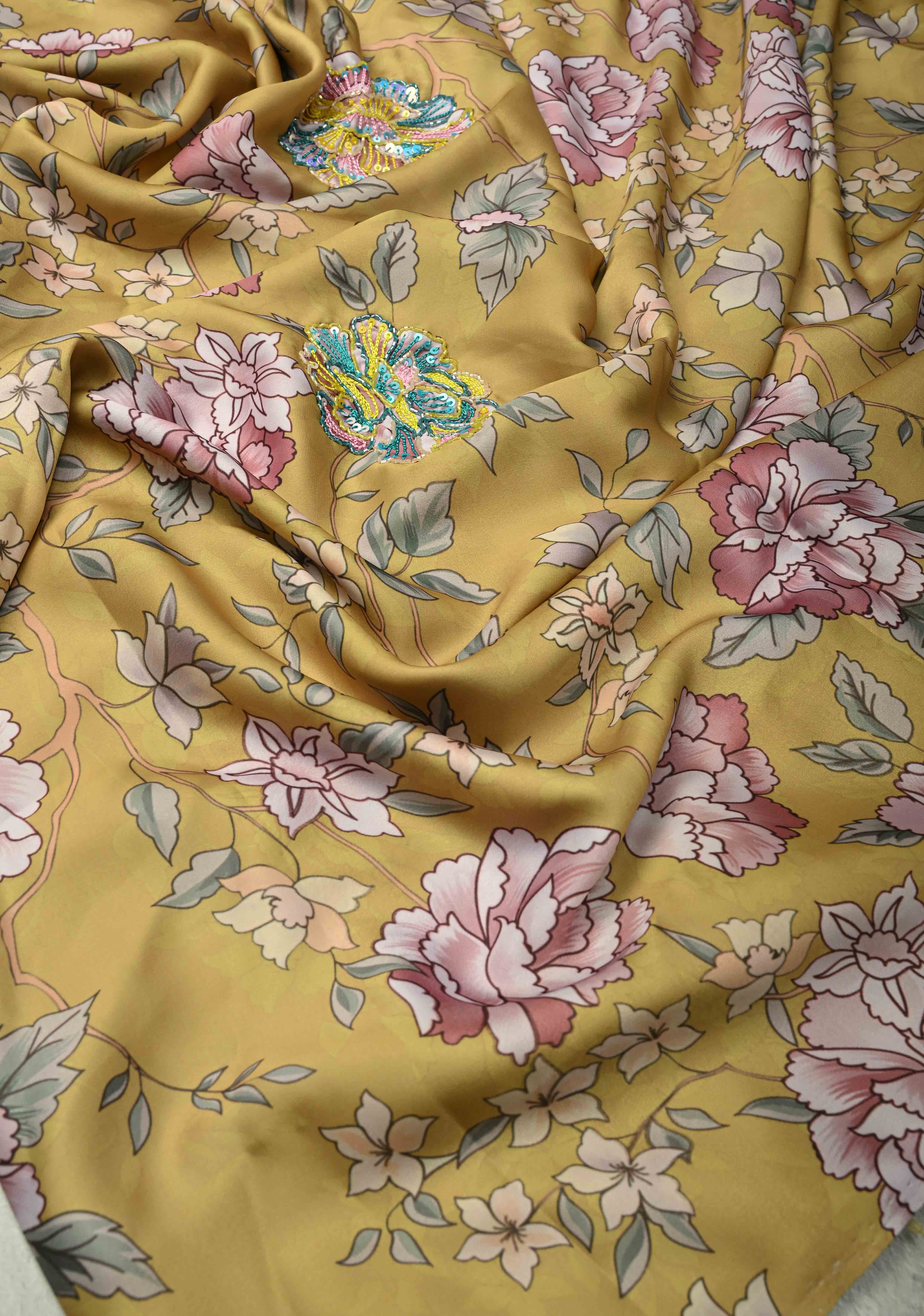 Matte Yellow Satin Silk Saree with Floral digital Print, Sequins, Cutdana and Hand Embroidery | Shobitam
