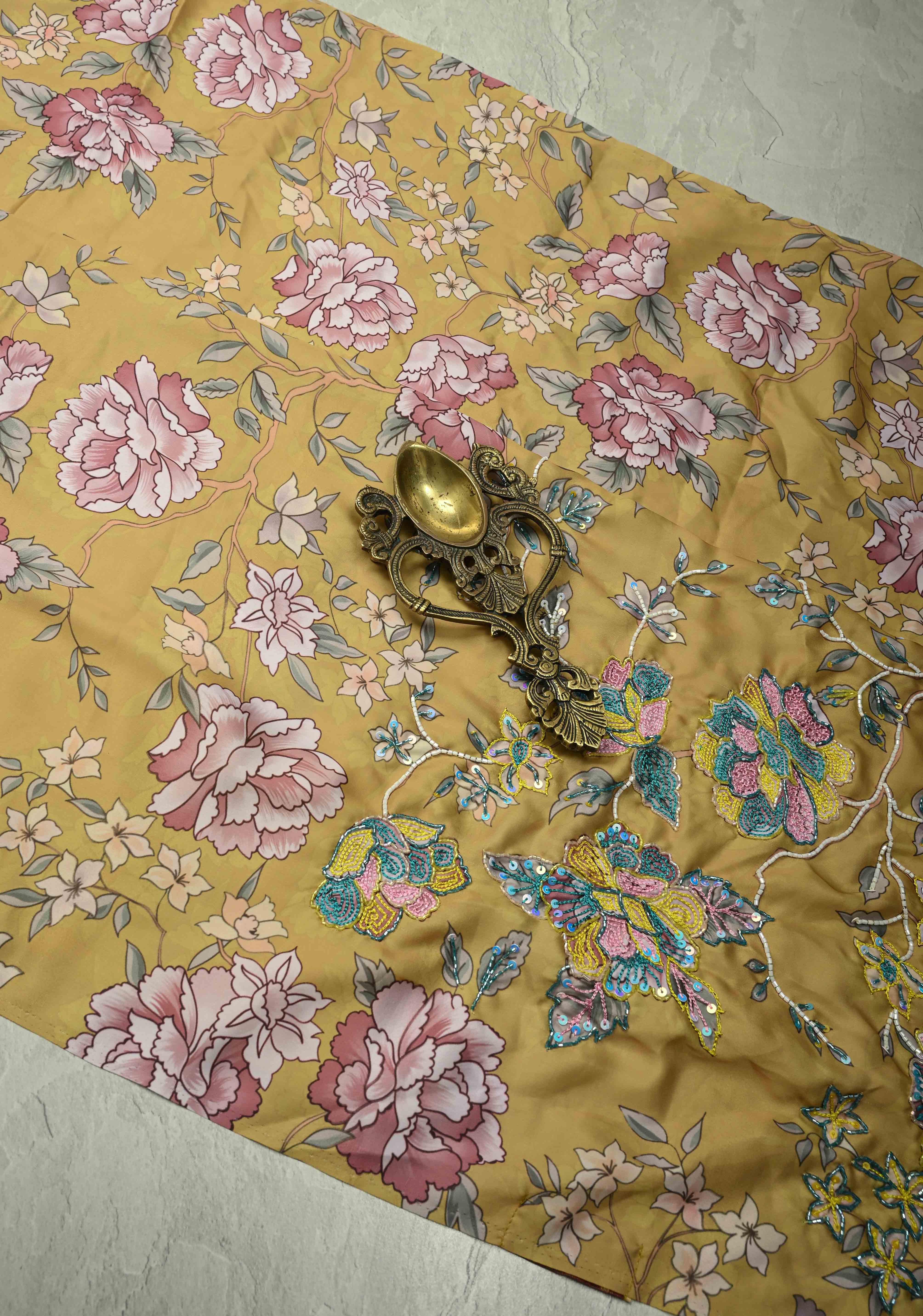 Matte Yellow Satin Silk Saree with Floral digital Print, Sequins, Cutdana and Hand Embroidery | Shobitam